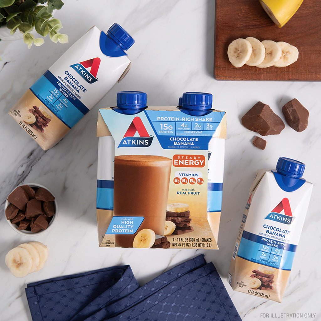 Atkins Chocolate Banana Protein-Rich Shake. With B Vitamins and Protein. Made with Real Fruit. Keto-Friendly and Gluten Free, 11 Fl Oz (Pack of 12)