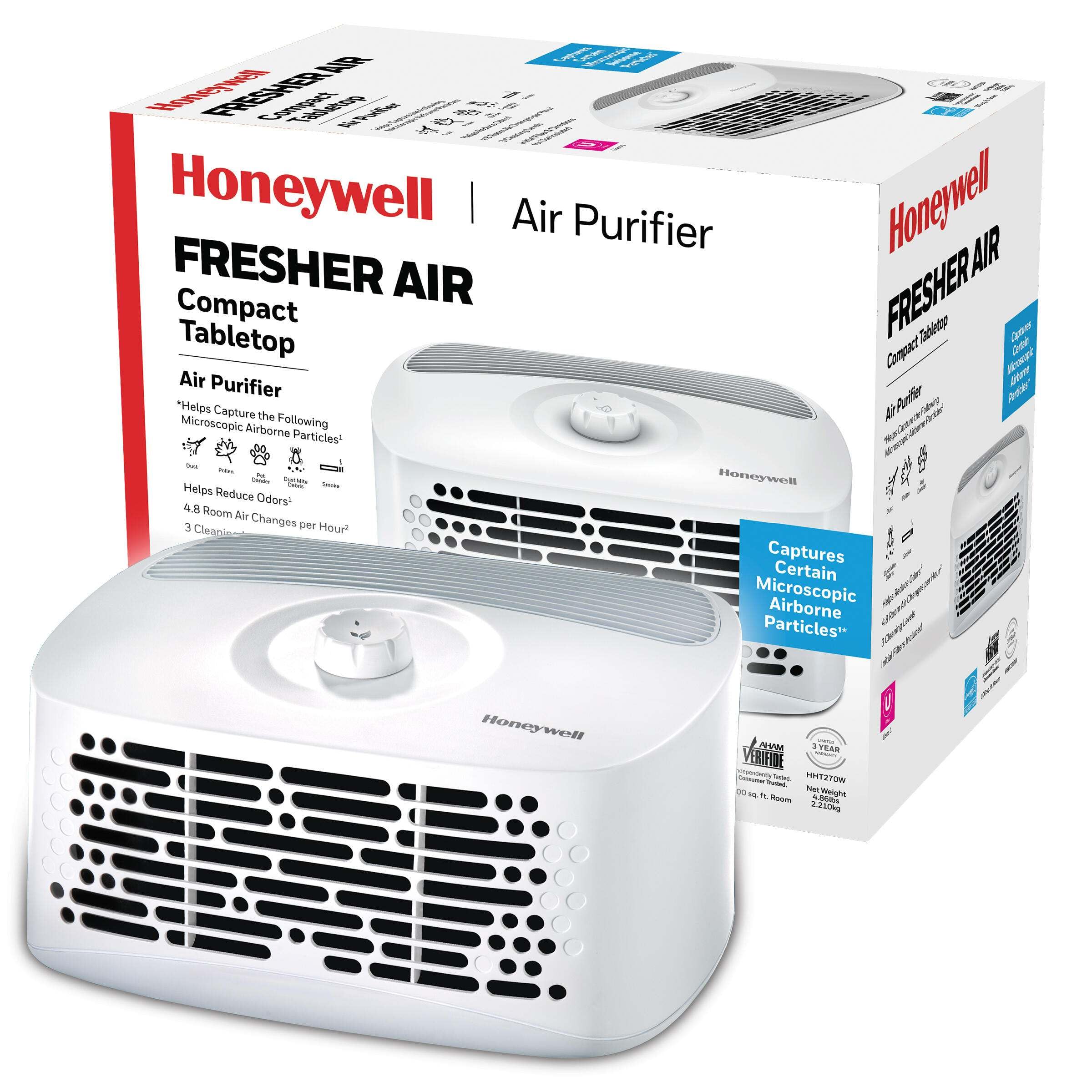 Honeywell Air Purifier for Home, 465 Ft² in 1 hour, Dual Action Filter, Reduces Dust, Pollen, Pet Dander, Odors, Smoke, Compact Allergen Reducer, Small Air Purifier, White HHT270