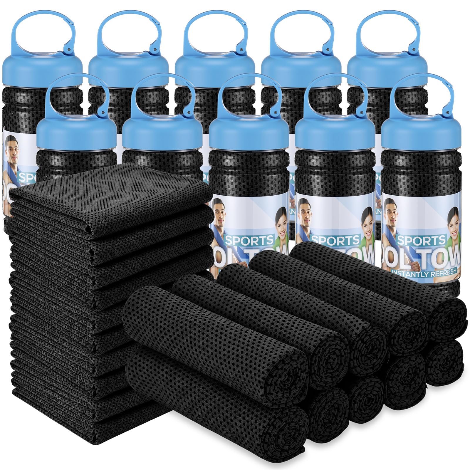 Honoson 10 Pcs Cooling Towels for Neck and Face, 47"x12" Sports Breathable Ice Towels Microfiber Chilly Sweat Rags with Portable Bottle for Gym Golf Athletes Yoga Workout Hot Weather (Mixed Colors)