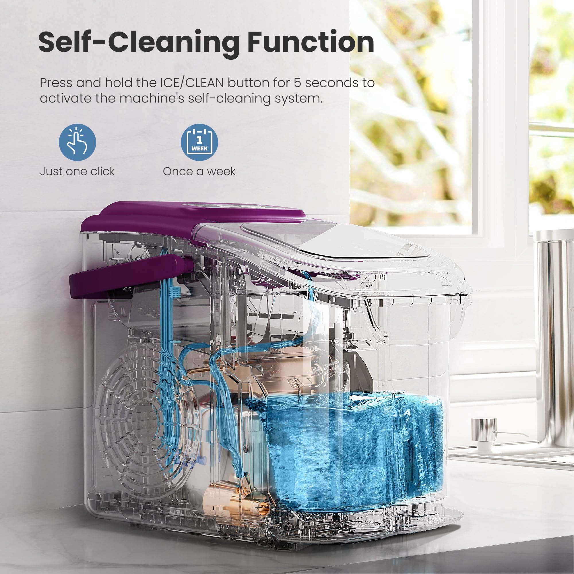 Countertop Portable Ice Maker Machine with Handle, 8 Bullet-Shaped Ice Cubes Ready in 6 Mins, 26Lbs/24H, Self-Cleaning Function with Ice Scoop and Basket for Home/Kitchen/Party (Black)