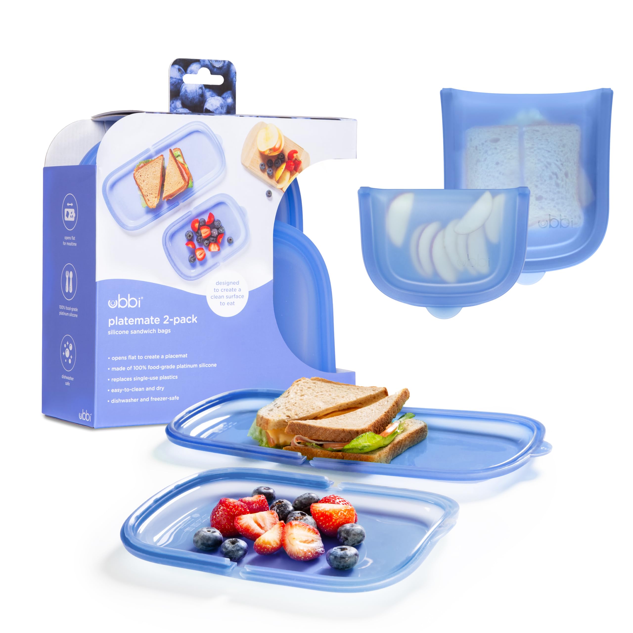 Ubbi Platemate Reusable Silicone Storage Bag, Smoothie Purple | Opens Flat as Placemat, Dishwasher & Freezer-Safe, Lunch Container, Leakproof Sandwich & Snack Bag, Easy to Clean, BPA-Free