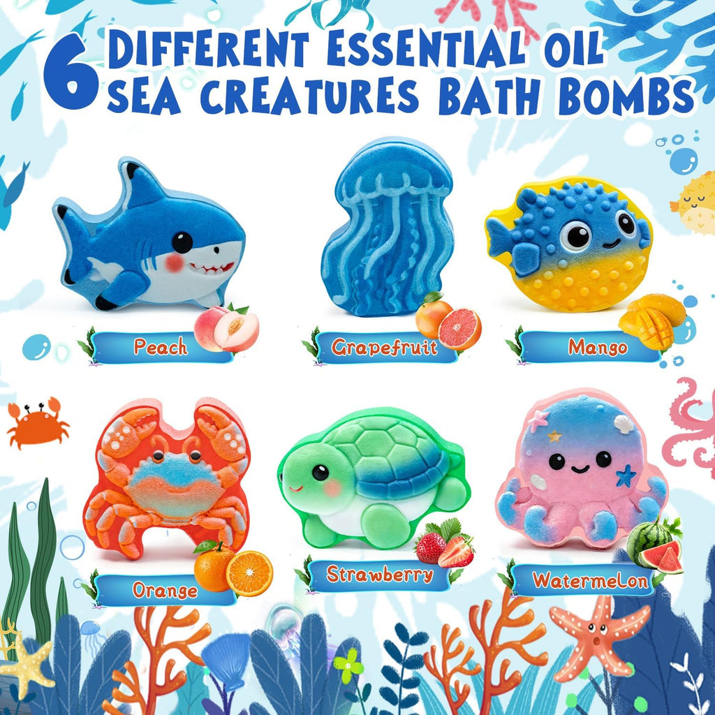 Bath Bombs for Kids Marine Animal Shaped, STEM 6 Pack Natural Organic Handmade Fizz Bubble Bath, Gentle Skin Friendly Bath Bomb Gift Set for Boys Girls Birthday, Kids Bath Time Fun