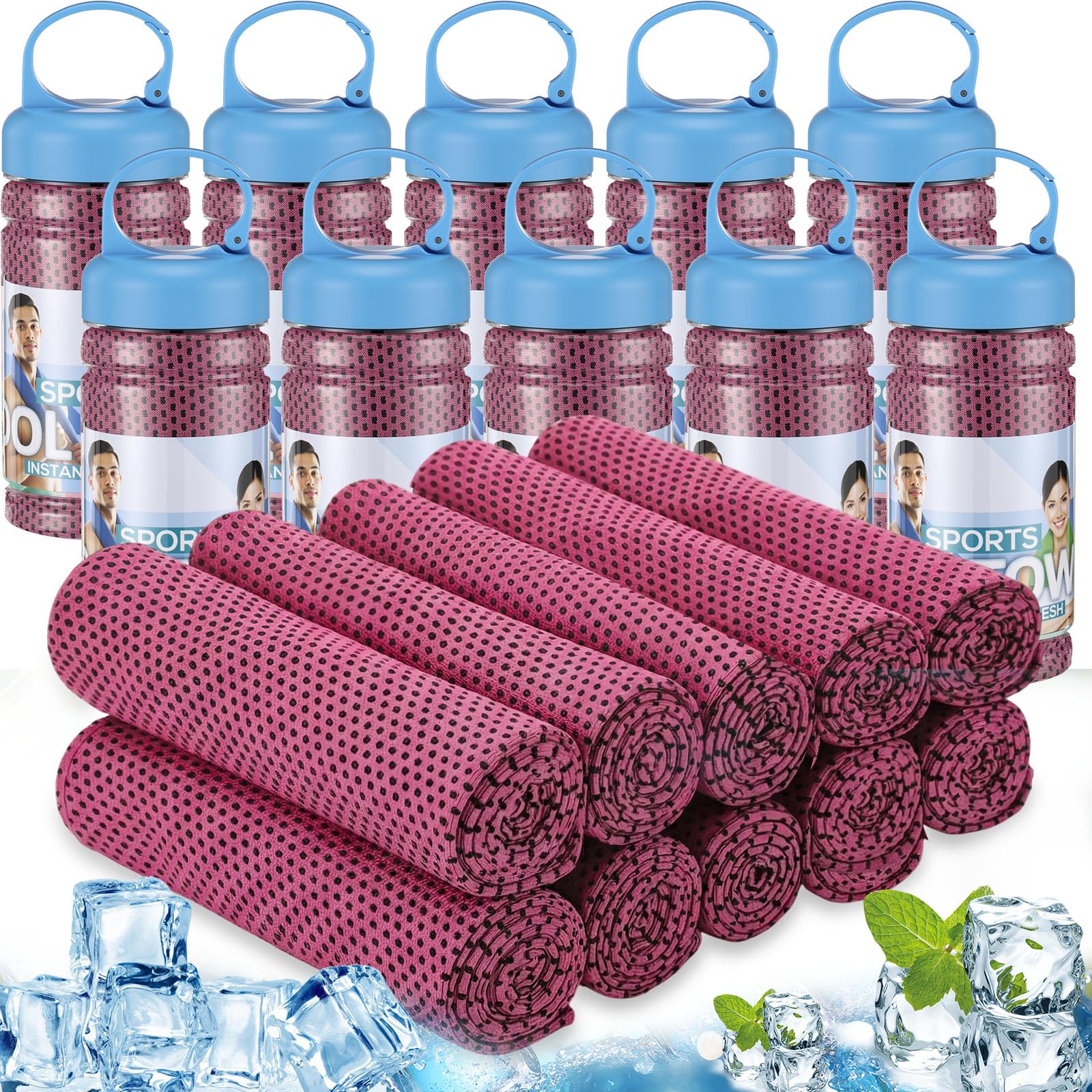 Honoson 10 Pcs Cooling Towels for Neck and Face, 47"x12" Sports Breathable Ice Towels Microfiber Chilly Sweat Rags with Portable Bottle for Gym Golf Athletes Yoga Workout Hot Weather (Mixed Colors)