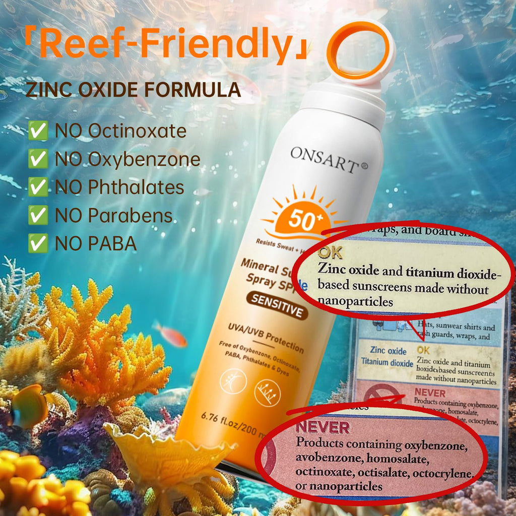 Mineral Sunscreen Spray SPF 50+, Reef Safe, Zinc Oxide Sunscreen, Broad Spectrum UVA/UVB, 360° Ring Spray, Water Resistant 80 Minutes, Lightweight Non-Greasy, 6.76 fl Oz (Pack of 2)