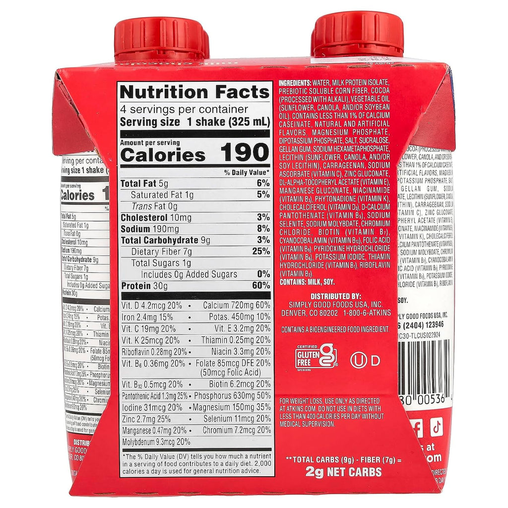 Atkins Strong High Protein Shake, Milk Chocolate, 30g Protein, 7g Prebiotic Fiber, Muscle & Gut Health Support Complex, 4 Count