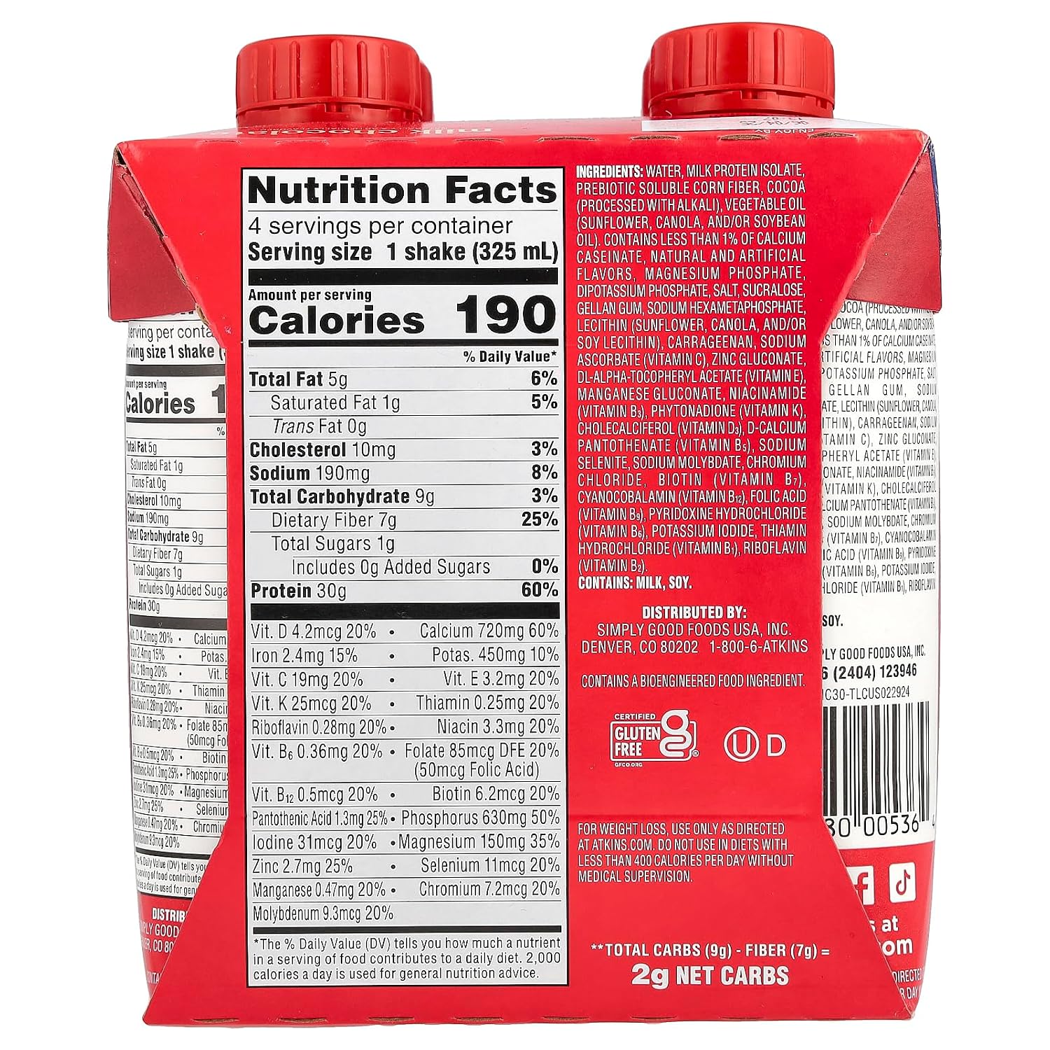 Atkins Strong High Protein Shake, Milk Chocolate, 30g Protein, 7g Prebiotic Fiber, Muscle & Gut Health Support Complex, 4 Count