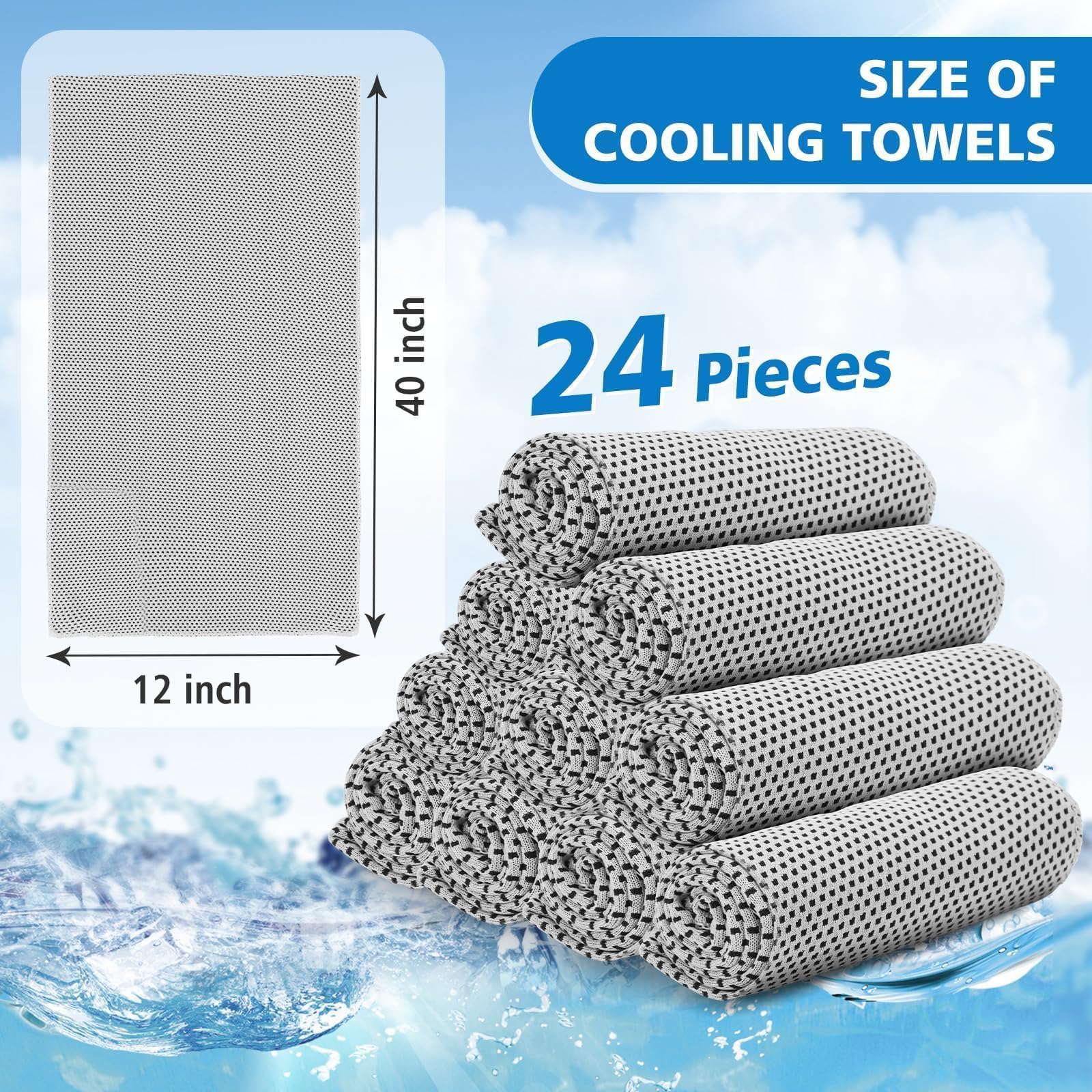 24 Pack Cooling Towels Bulk for Neck and Face 40"x12" Ice Cooling Sweat Rags Microfiber Soft Breathable Soft Chilly Towel for Yoga Golf Sport Running