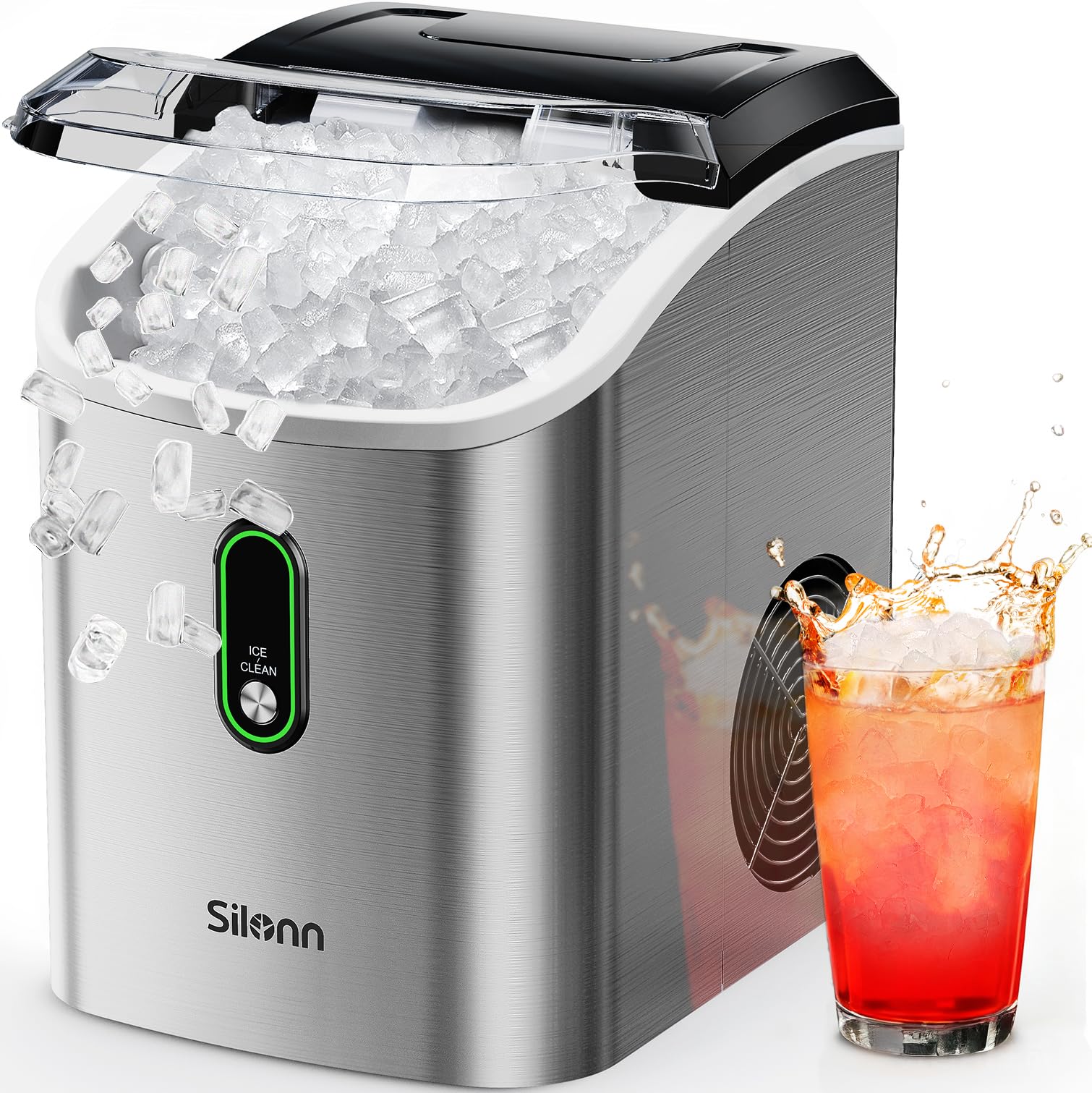 Silonn Nugget Ice Maker Countertop Pellet Machine with Self-Cleaning, Black | 36 lbs/24H, ice in 6 mins, soft chewable ice, removable cover, quiet operation, LED control panel, compact design