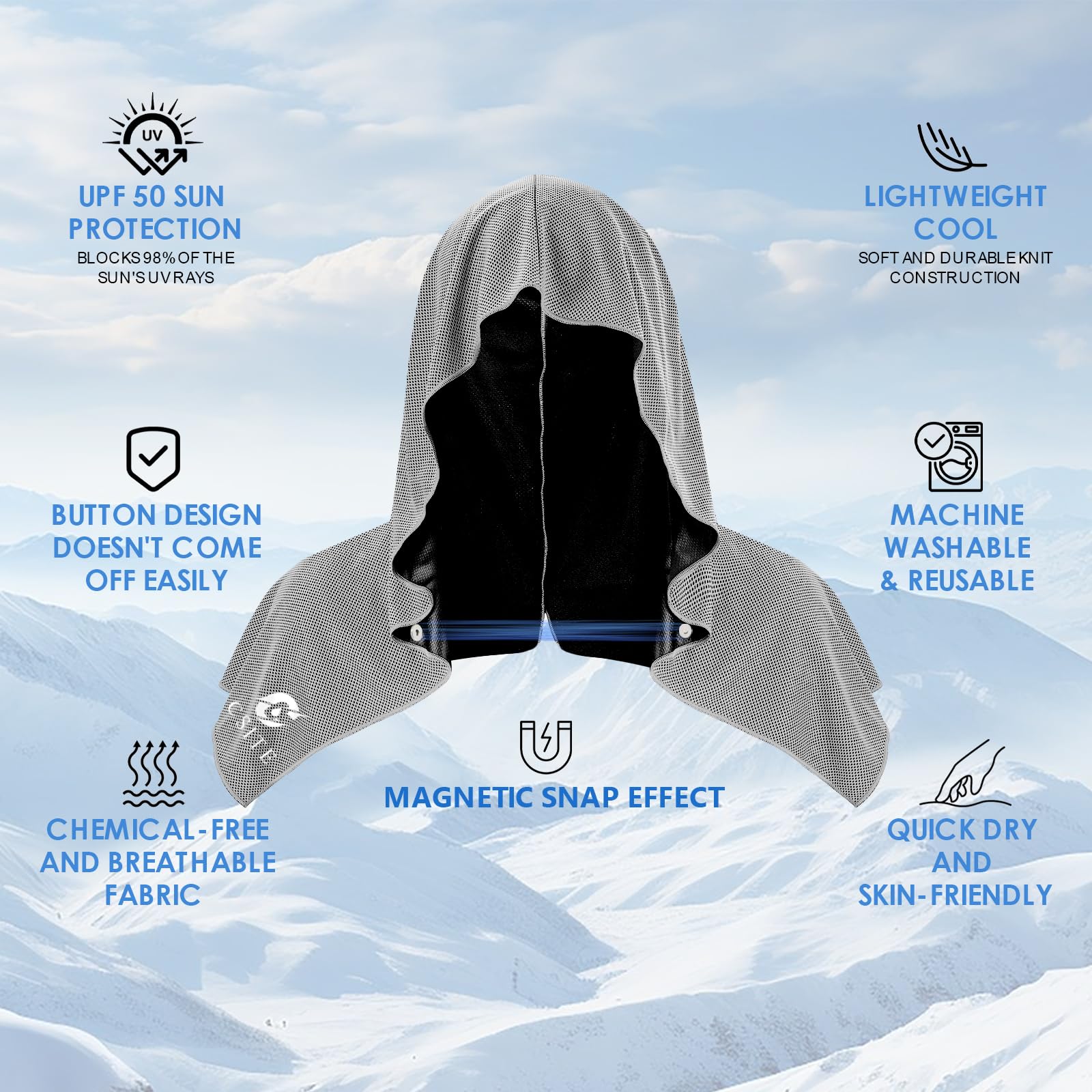 CSITE Cooling Hoodie Towels for Neck and Face, UPF 50 Sun Protection & Instant Cooling, Ice Towels for Hot Weather, Soft Breathable Towel for Sport, Work Out, Gym, Camping & More Activities（White）