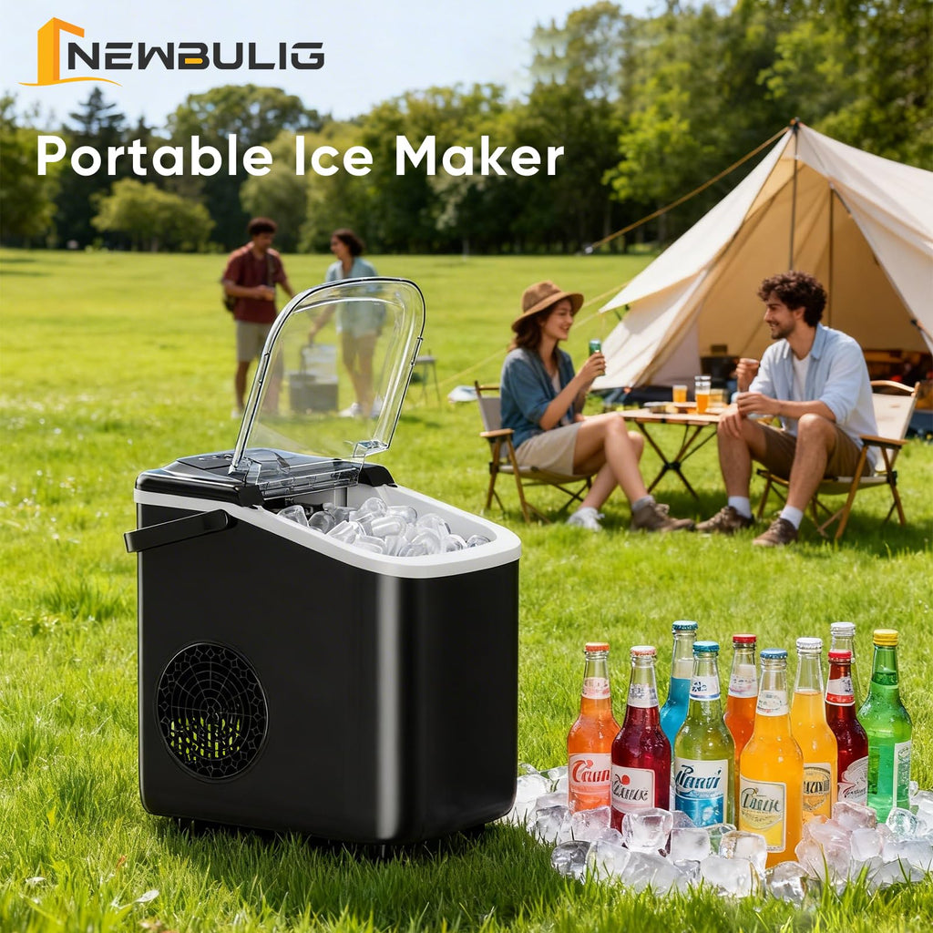 NEWBULIG Ice Maker, Countertop Ice Machine with Handle | 9 Bullet Cubes in 6-8 Mins, 26lbs Daily, Self-Cleaning with Basket and Scoop for Home/Kitchen/Camping/RV