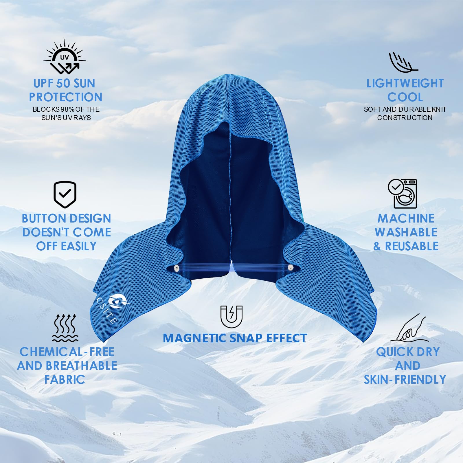 CSITE Cooling Hoodie Towels for Neck and Face, UPF 50 Sun Protection & Instant Cooling, Ice Towels for Hot Weather, Soft Breathable Towel for Sport, Work Out, Gym, Camping & More Activities（White）