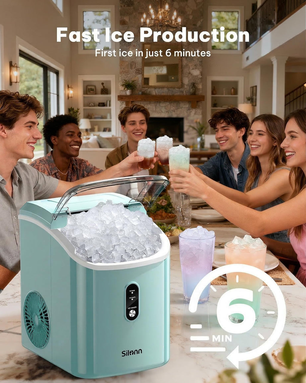 Silonn Nugget Ice Maker Countertop Pellet Machine with Self-Cleaning, Black | 36 lbs/24H, ice in 6 mins, soft chewable ice, removable cover, quiet operation, LED control panel, compact design