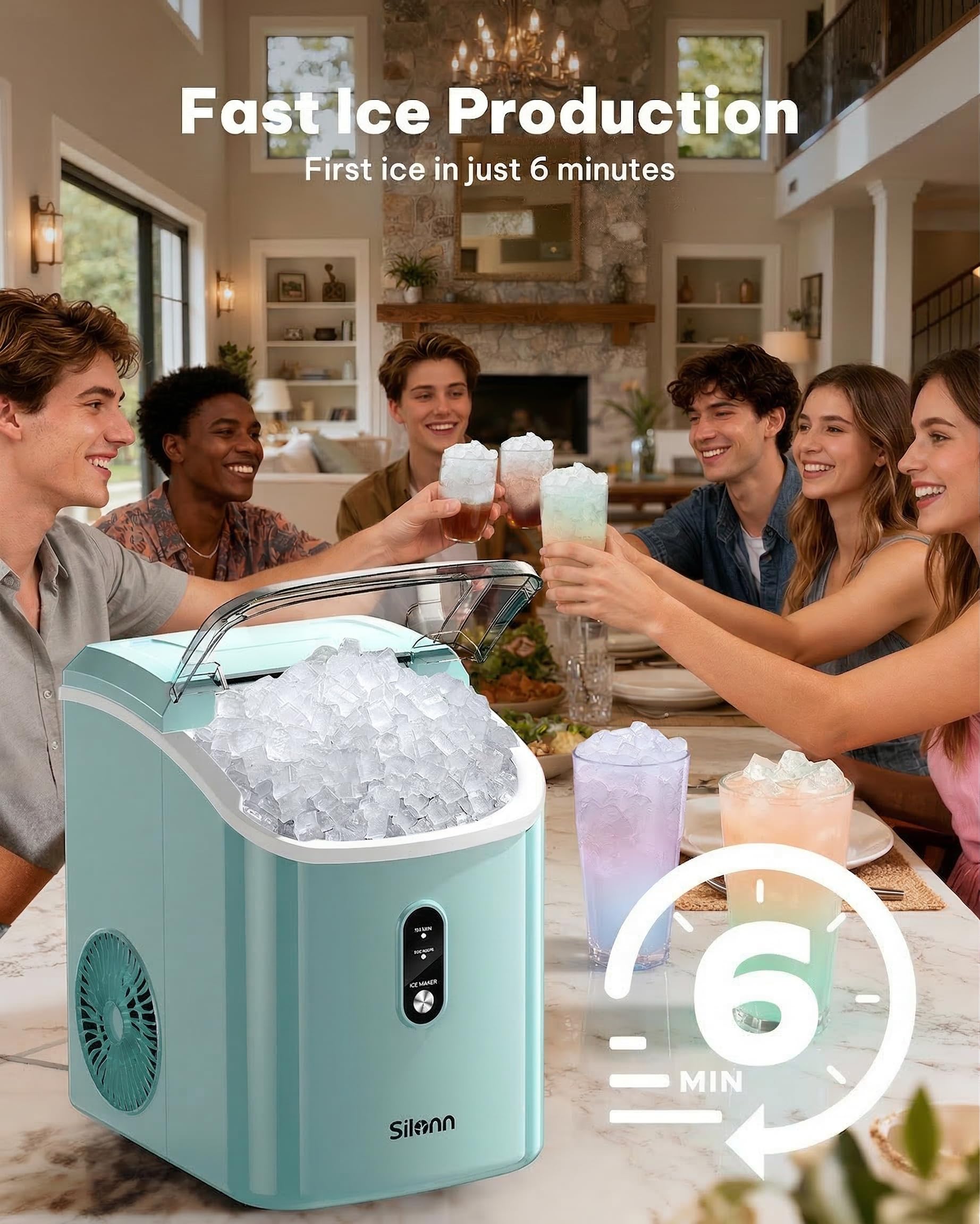 Silonn Nugget Ice Maker Countertop Pellet Machine with Self-Cleaning, Black | 36 lbs/24H, ice in 6 mins, soft chewable ice, removable cover, quiet operation, LED control panel, compact design