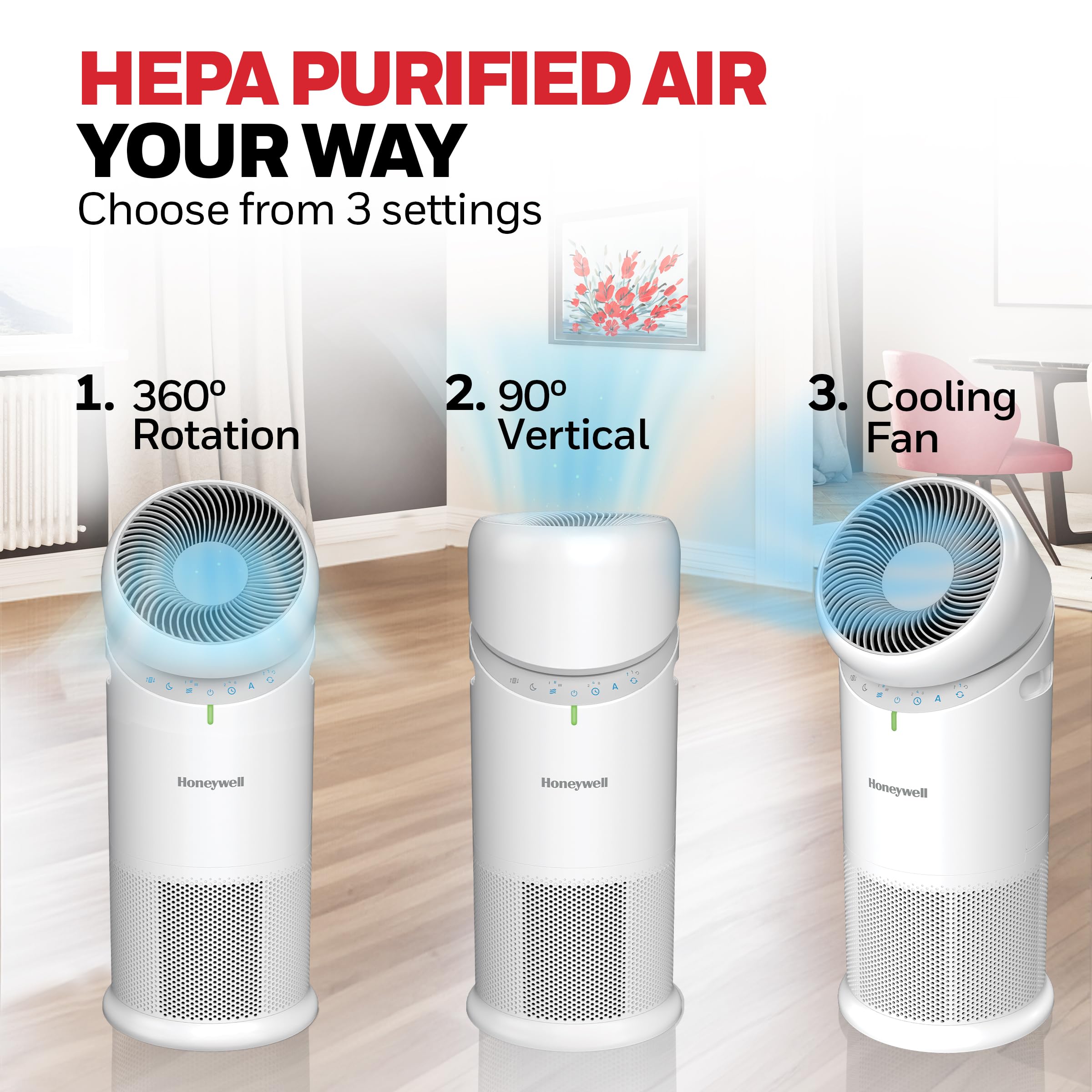 Honeywell Allergen Plus™ 3-in-1 HEPA Air Purifier Fan & Air Circulator, 1928 Ft² Rooms in 1 Hour, Air Quality Sensor, Sleep Mode, Reduces Allergens, Pet Dander, and Odors, White, HPA6000W