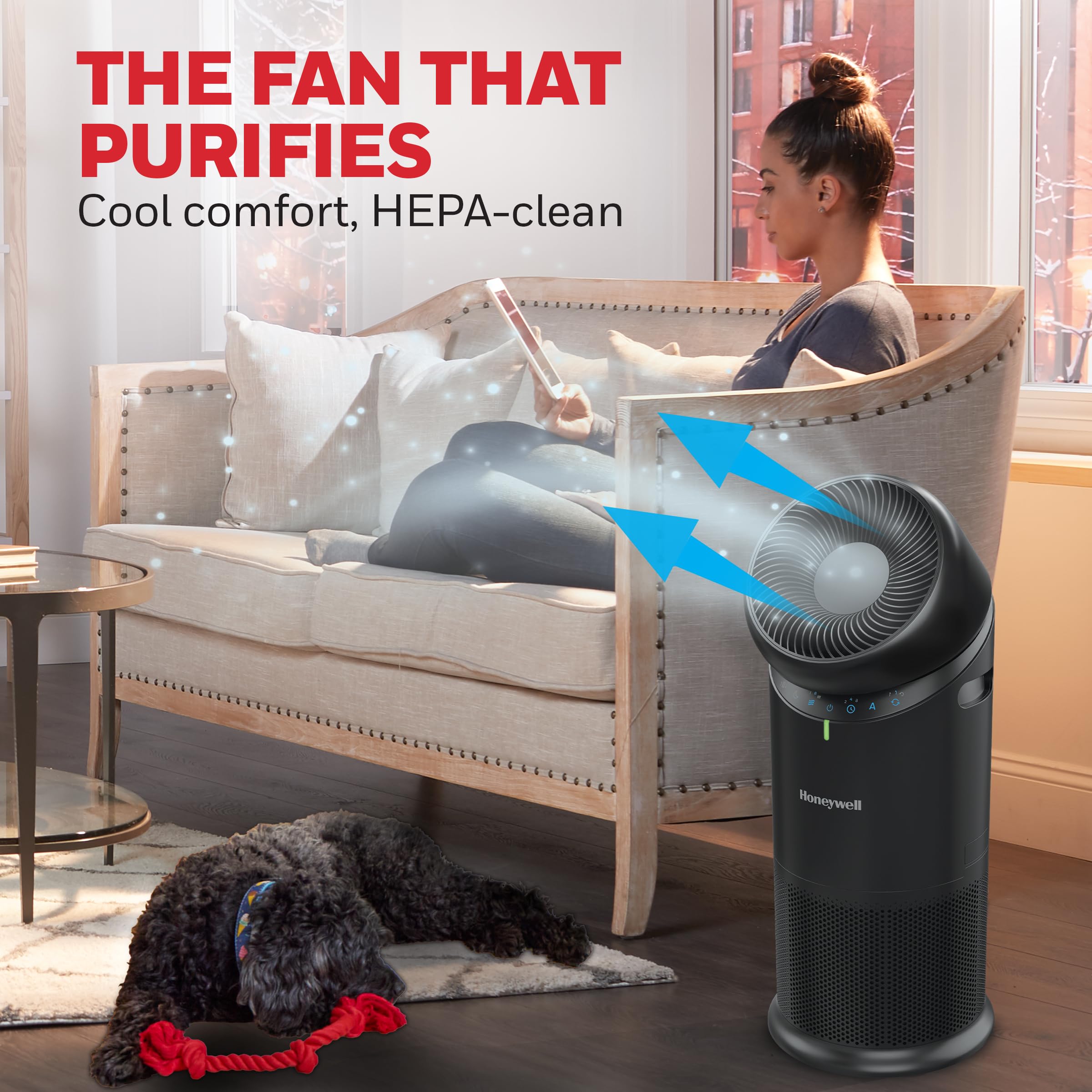 Honeywell Allergen Plus™ 3-in-1 HEPA Air Purifier Fan & Air Circulator, 1928 Ft² Rooms in 1 Hour, Air Quality Sensor, Sleep Mode, Reduces Allergens, Pet Dander, and Odors, White, HPA6000W