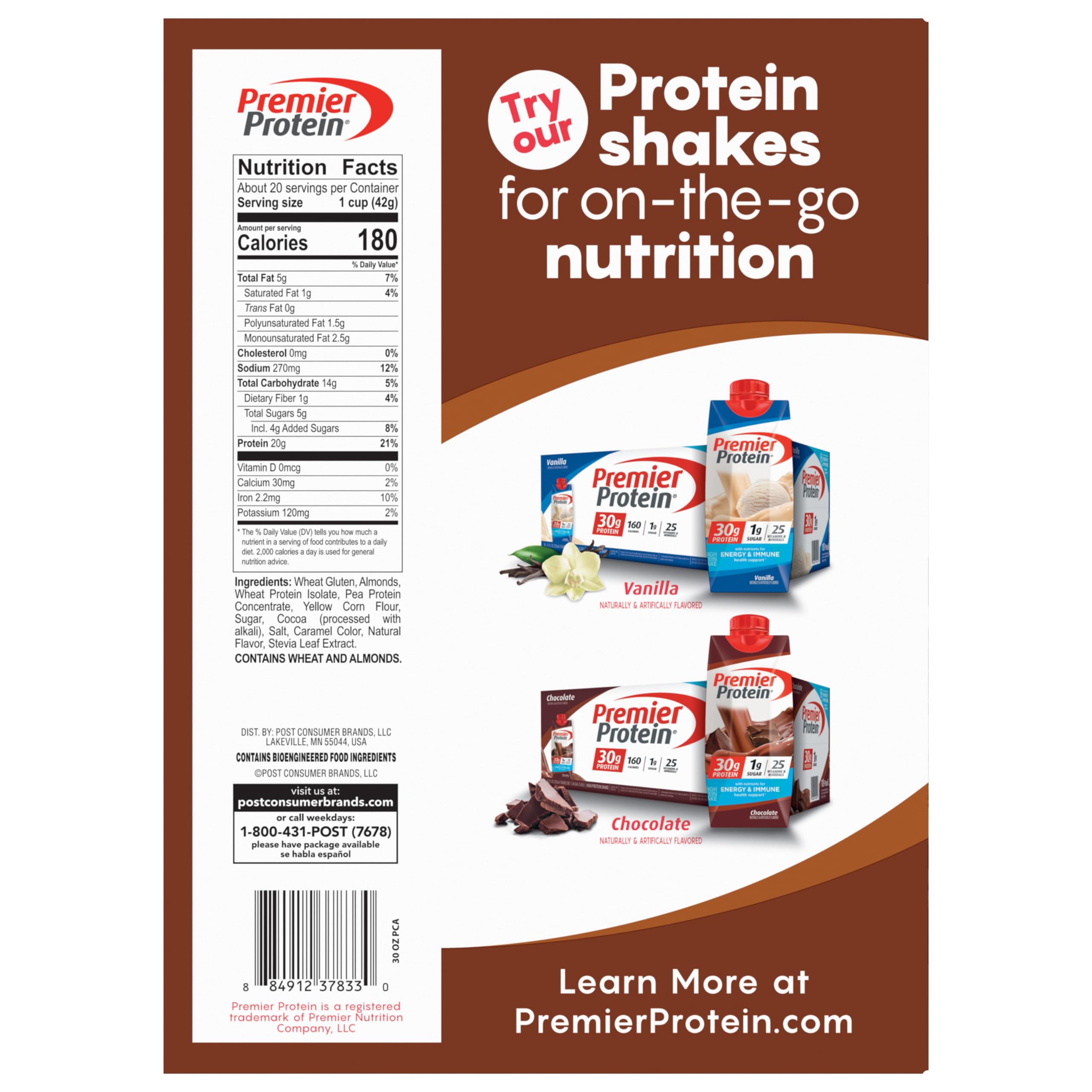 Premier Protein Chocolate Almond Cereal, Chocolatey Protein Cereal Flakes with Sliced Almonds, Contains 20g of Protein Per Serving, 9 OZ Box (Pack of 2)