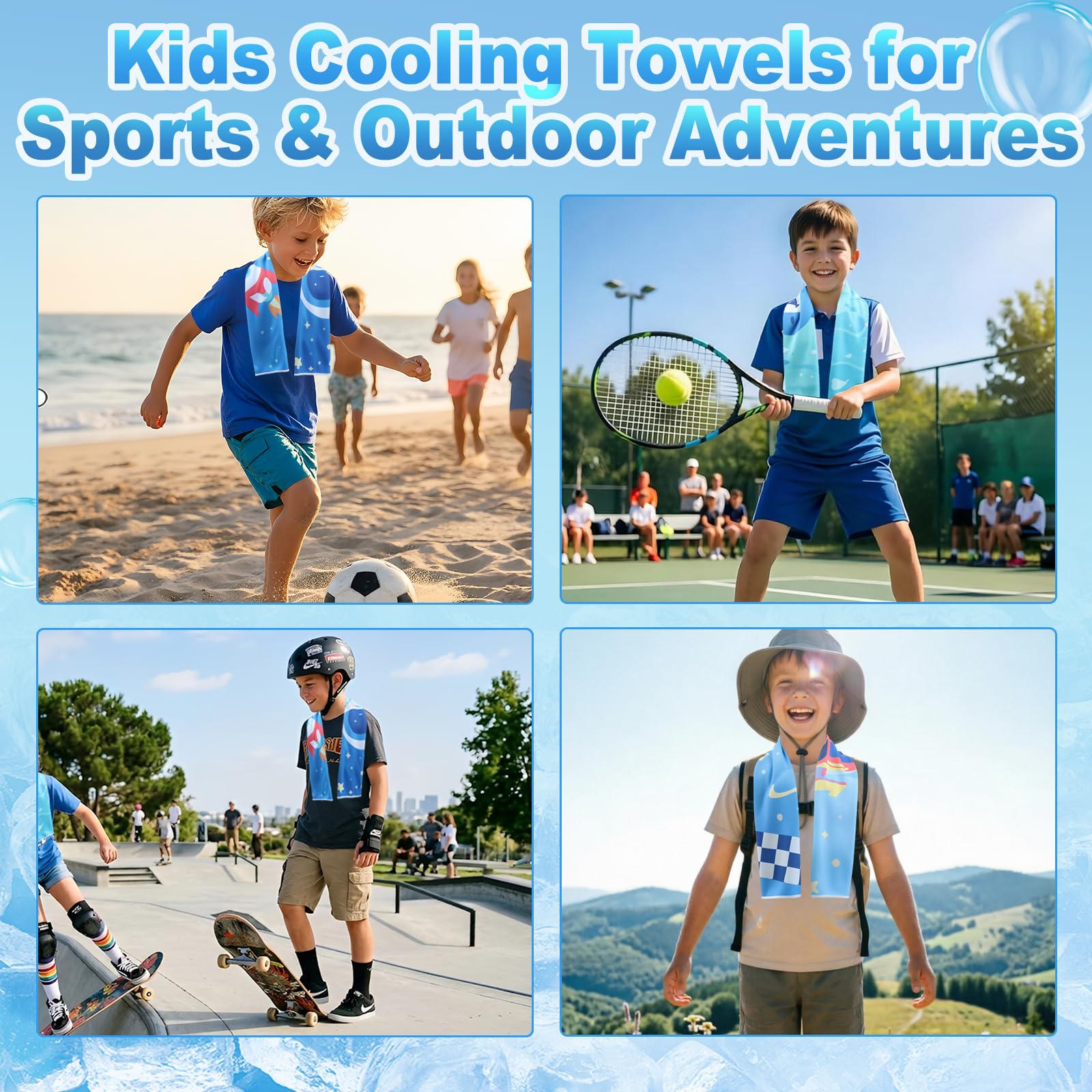 BobbleT 4 Pack Kids Cooling Towels, 30" x 9", Mini Cooling Towels for Neck and Face, Soft Breathable Cooling Neck Wraps for Girls, Ideal for Sports, School, Summer Camp & Outdoor Use