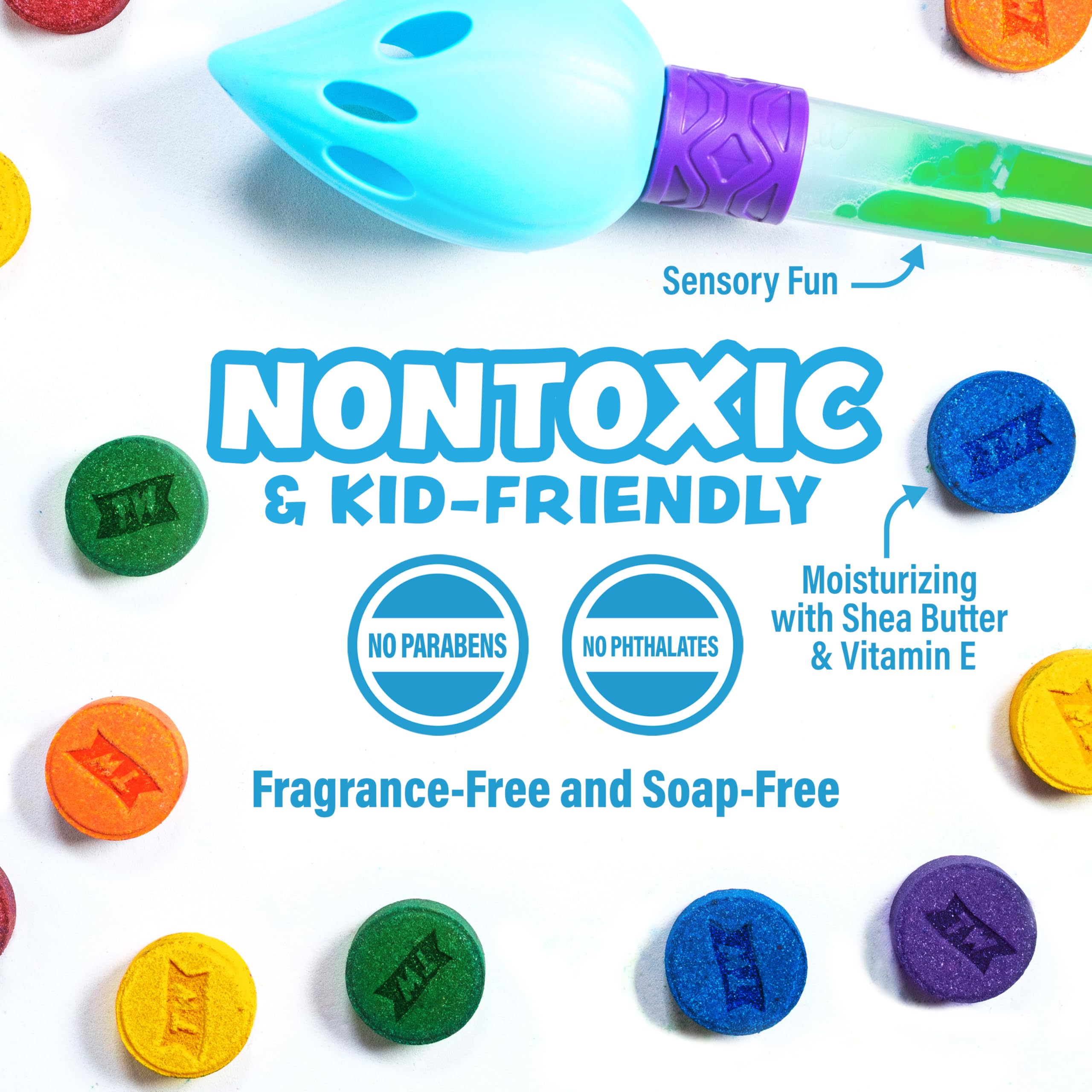 Tub Works® Bath Color Pops™ Moisturizing Kids Bath Bombs, 120 Count | Bath Bomb Refills for Bath Color Brush | Nontoxic & Fragrance-Free | 12 Unique Colors | Fizzy, Vibrant Water Color Tablets