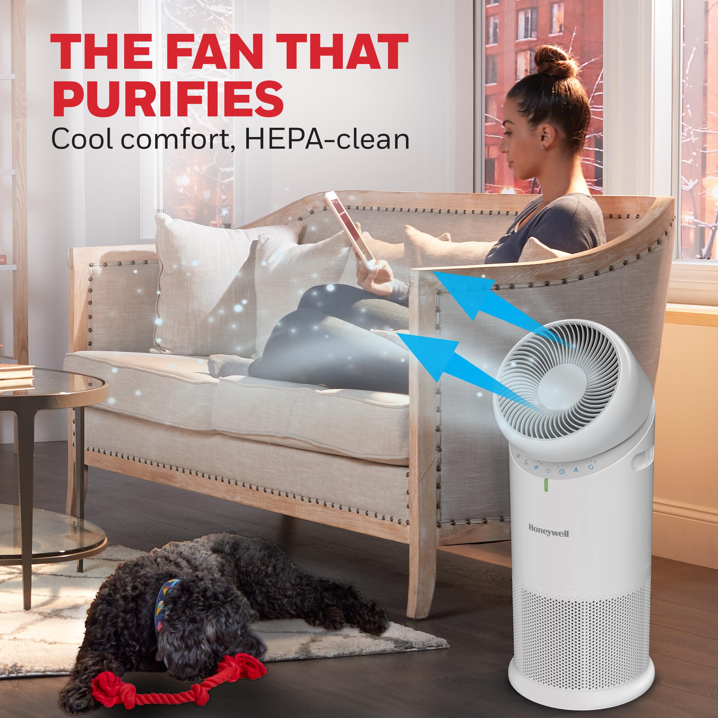 Honeywell Allergen Plus™ 3-in-1 HEPA Air Purifier Fan & Air Circulator, 1928 Ft² Rooms in 1 Hour, Air Quality Sensor, Sleep Mode, Reduces Allergens, Pet Dander, and Odors, White, HPA6000W