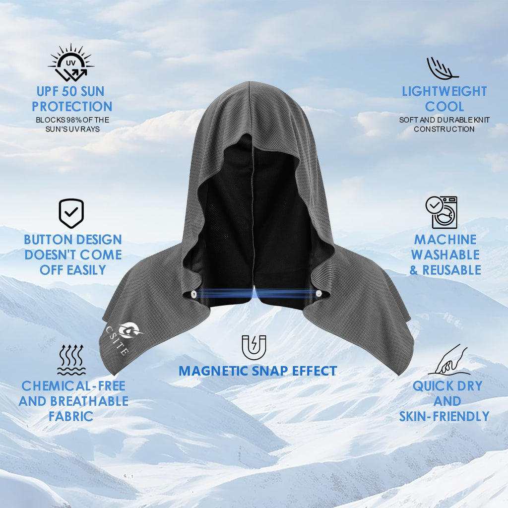 CSITE Cooling Hoodie Towels for Neck and Face, UPF 50 Sun Protection & Instant Cooling, Ice Towels for Hot Weather, Soft Breathable Towel for Sport, Work Out, Gym, Camping & More Activities（White）