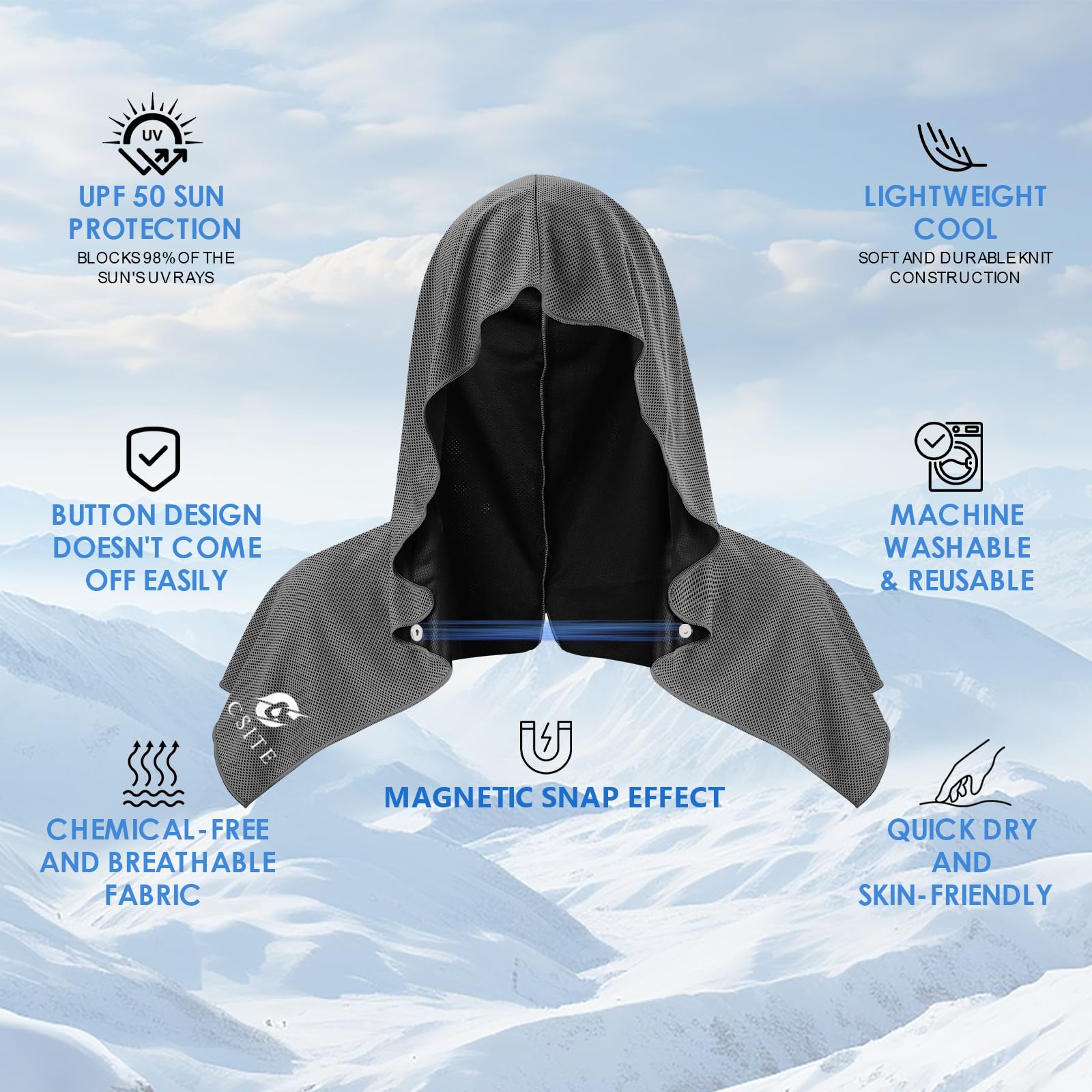 CSITE Cooling Hoodie Towels for Neck and Face, UPF 50 Sun Protection & Instant Cooling, Ice Towels for Hot Weather, Soft Breathable Towel for Sport, Work Out, Gym, Camping & More Activities（White）