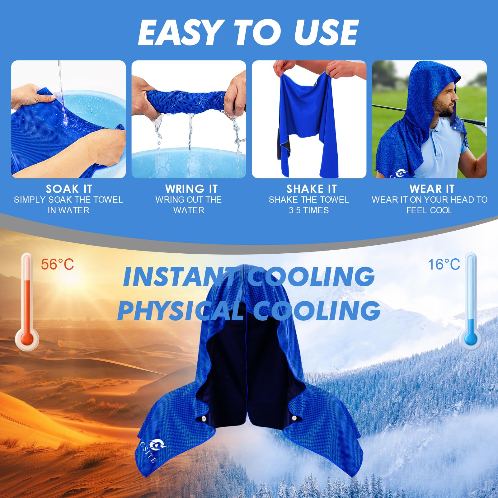 CSITE Cooling Hoodie Towels for Neck and Face, UPF 50 Sun Protection & Instant Cooling, Ice Towels for Hot Weather, Soft Breathable Towel for Sport, Work Out, Gym, Camping & More Activities（White）