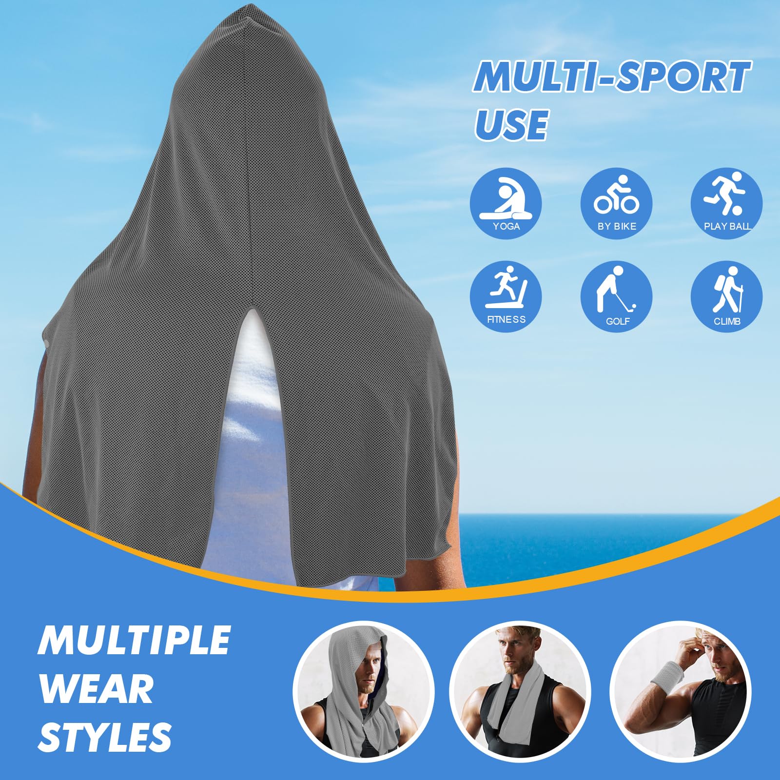 CSITE Cooling Hoodie Towels for Neck and Face, UPF 50 Sun Protection & Instant Cooling, Ice Towels for Hot Weather, Soft Breathable Towel for Sport, Work Out, Gym, Camping & More Activities（White）