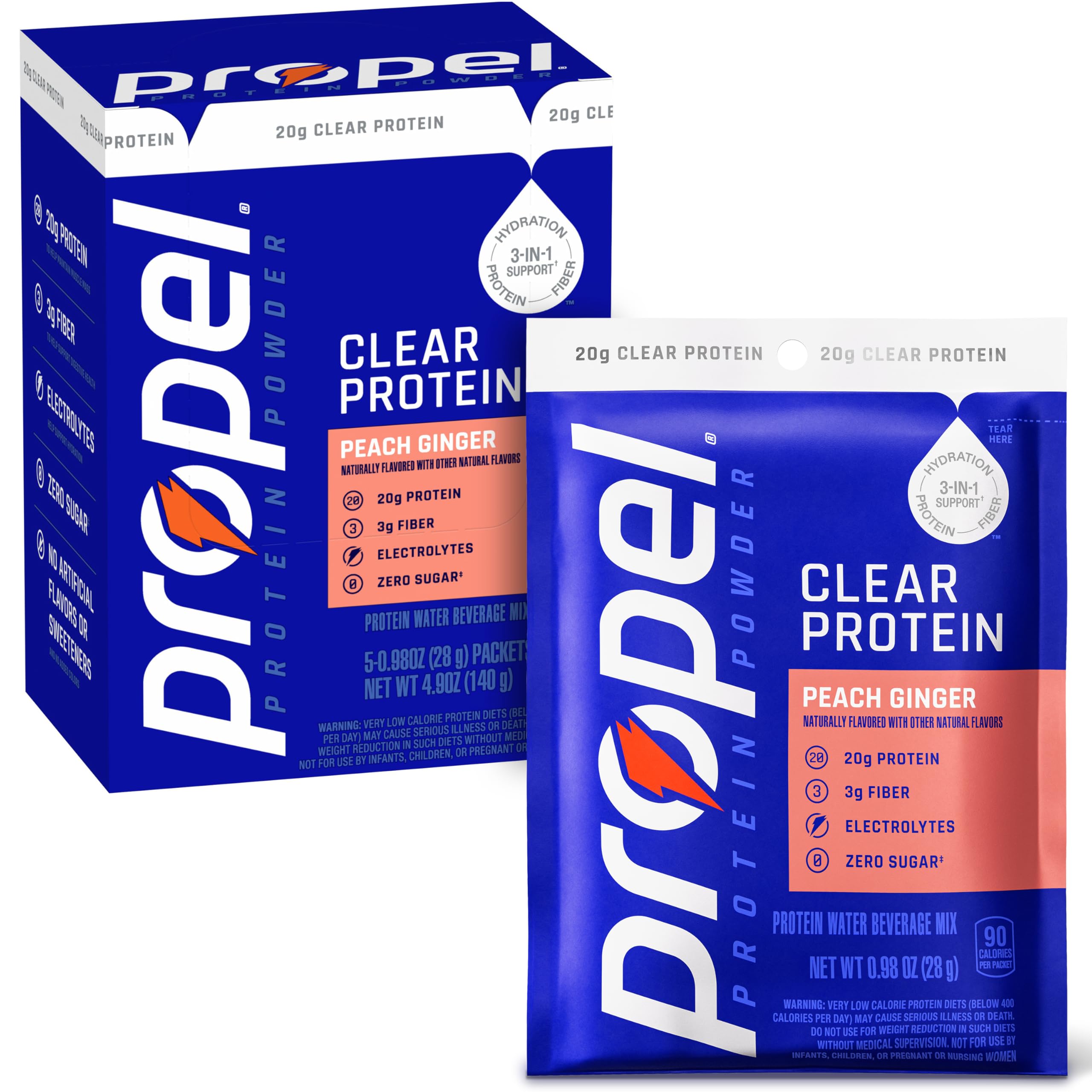 Propel Clear Protein Powder, Watermelon, 5 Servings, 3-in-1 GLP-1 Support: Hydration, 20g Protein, 3g Fiber, Zero Sugar, 90 Calories, No Added Colors, No Artificial Sweeteners or Flavors, Electrolytes