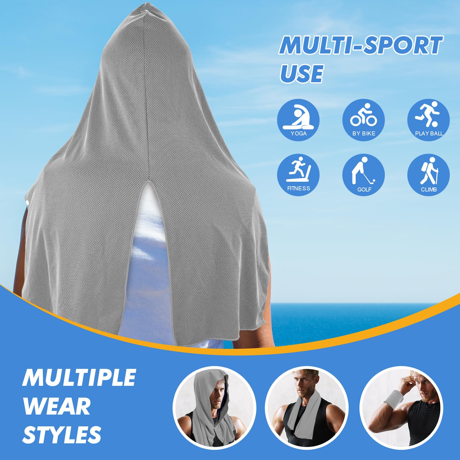 CSITE Cooling Hoodie Towels for Neck and Face, UPF 50 Sun Protection & Instant Cooling, Ice Towels for Hot Weather, Soft Breathable Towel for Sport, Work Out, Gym, Camping & More Activities（White）