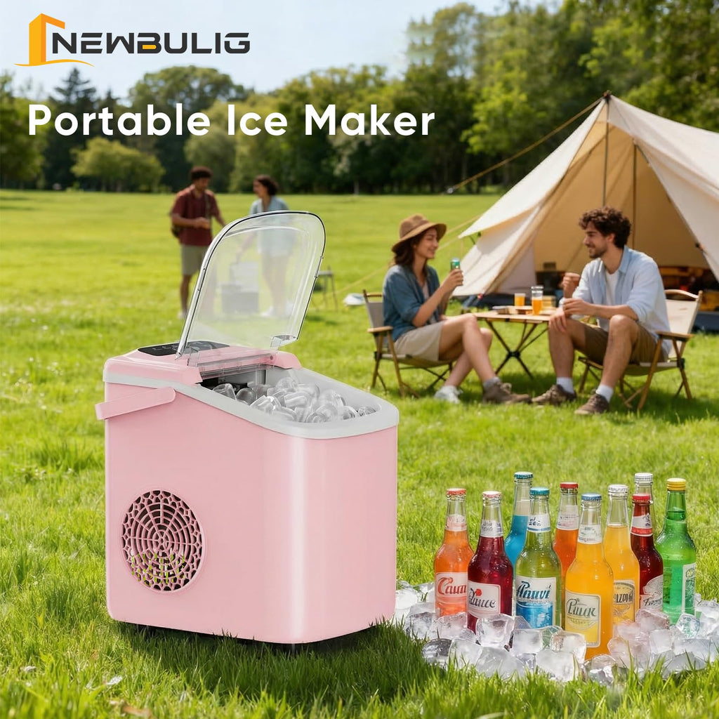 NEWBULIG Ice Maker, Countertop Ice Machine with Handle | 9 Bullet Cubes in 6-8 Mins, 26lbs Daily, Self-Cleaning with Basket and Scoop for Home/Kitchen/Camping/RV