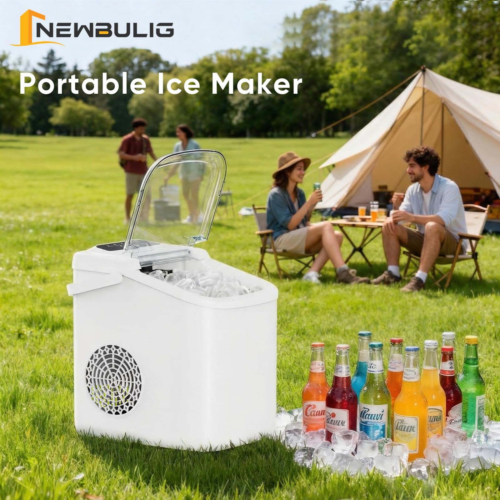 NEWBULIG Ice Maker, Countertop Ice Machine with Handle | 9 Bullet Cubes in 6-8 Mins, 26lbs Daily, Self-Cleaning with Basket and Scoop for Home/Kitchen/Camping/RV