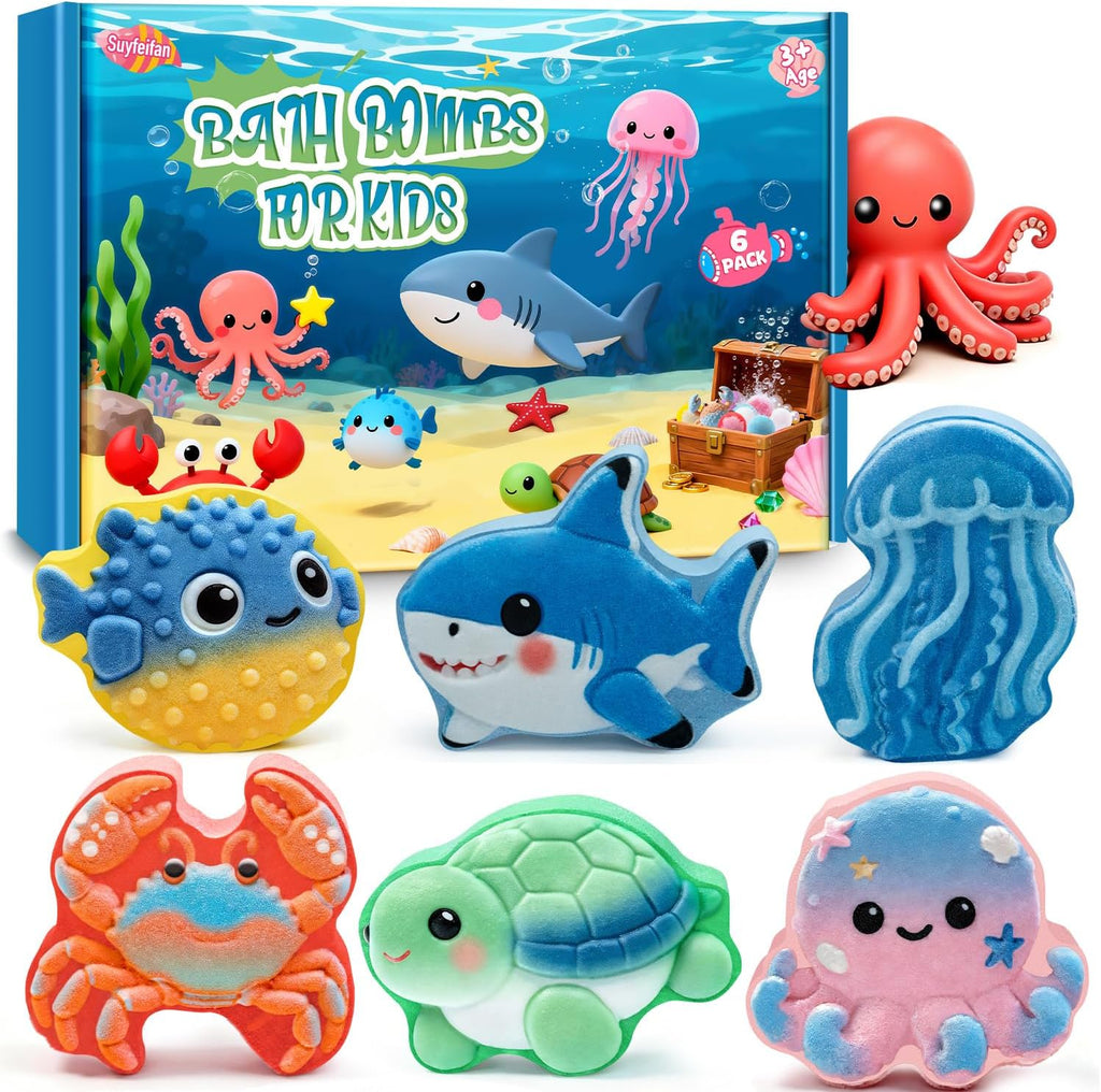 Bath Bombs for Kids Marine Animal Shaped, STEM 6 Pack Natural Organic Handmade Fizz Bubble Bath, Gentle Skin Friendly Bath Bomb Gift Set for Boys Girls Birthday, Kids Bath Time Fun