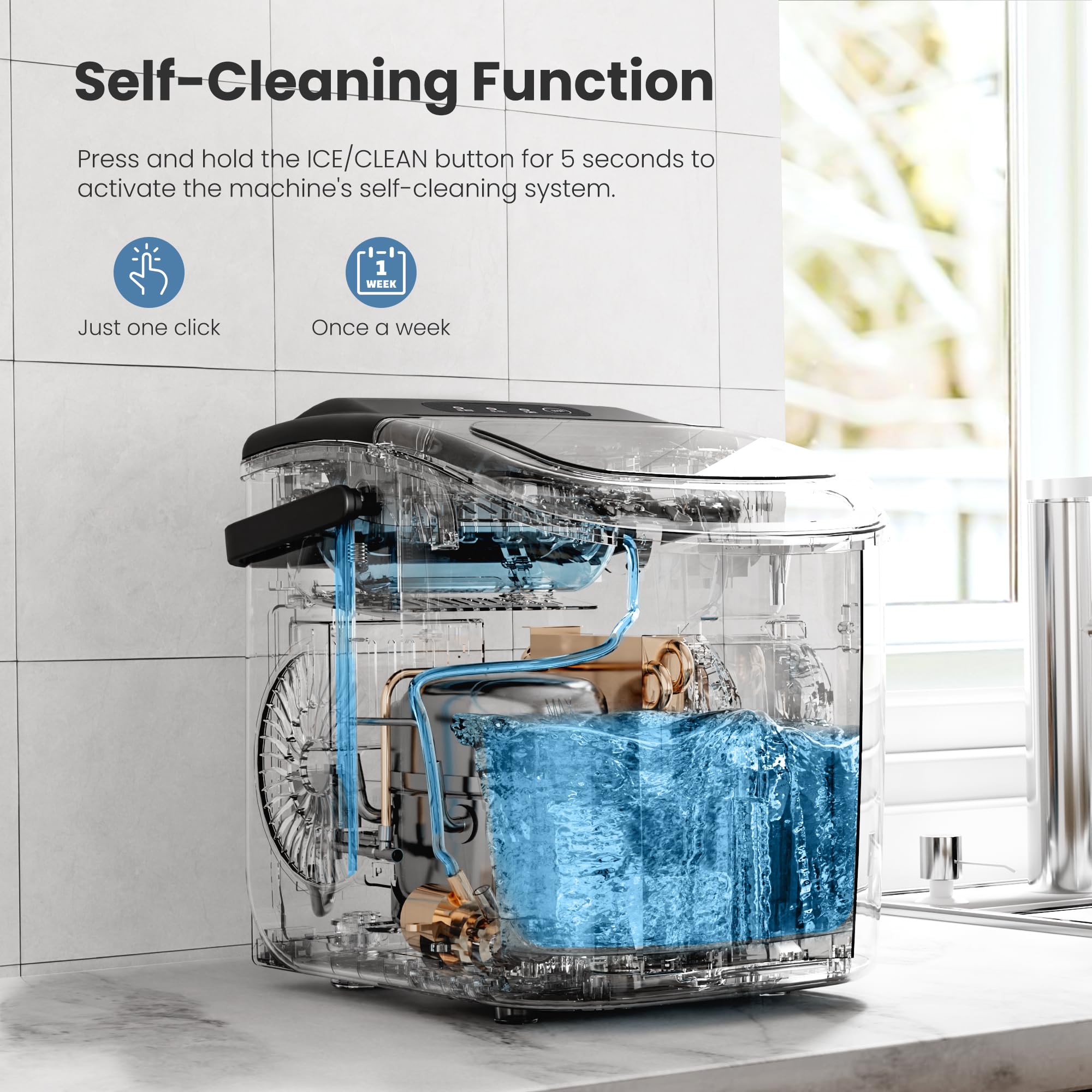 Countertop Portable Ice Maker Machine with Handle, 8 Bullet-Shaped Ice Cubes Ready in 6 Mins, 26Lbs/24H, Self-Cleaning Function with Ice Scoop and Basket for Home/Kitchen/Party (Black)