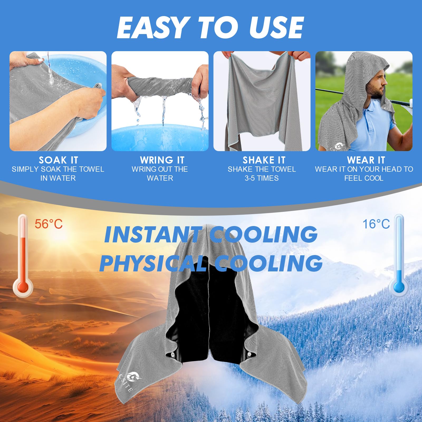 CSITE Cooling Hoodie Towels for Neck and Face, UPF 50 Sun Protection & Instant Cooling, Ice Towels for Hot Weather, Soft Breathable Towel for Sport, Work Out, Gym, Camping & More Activities（White）