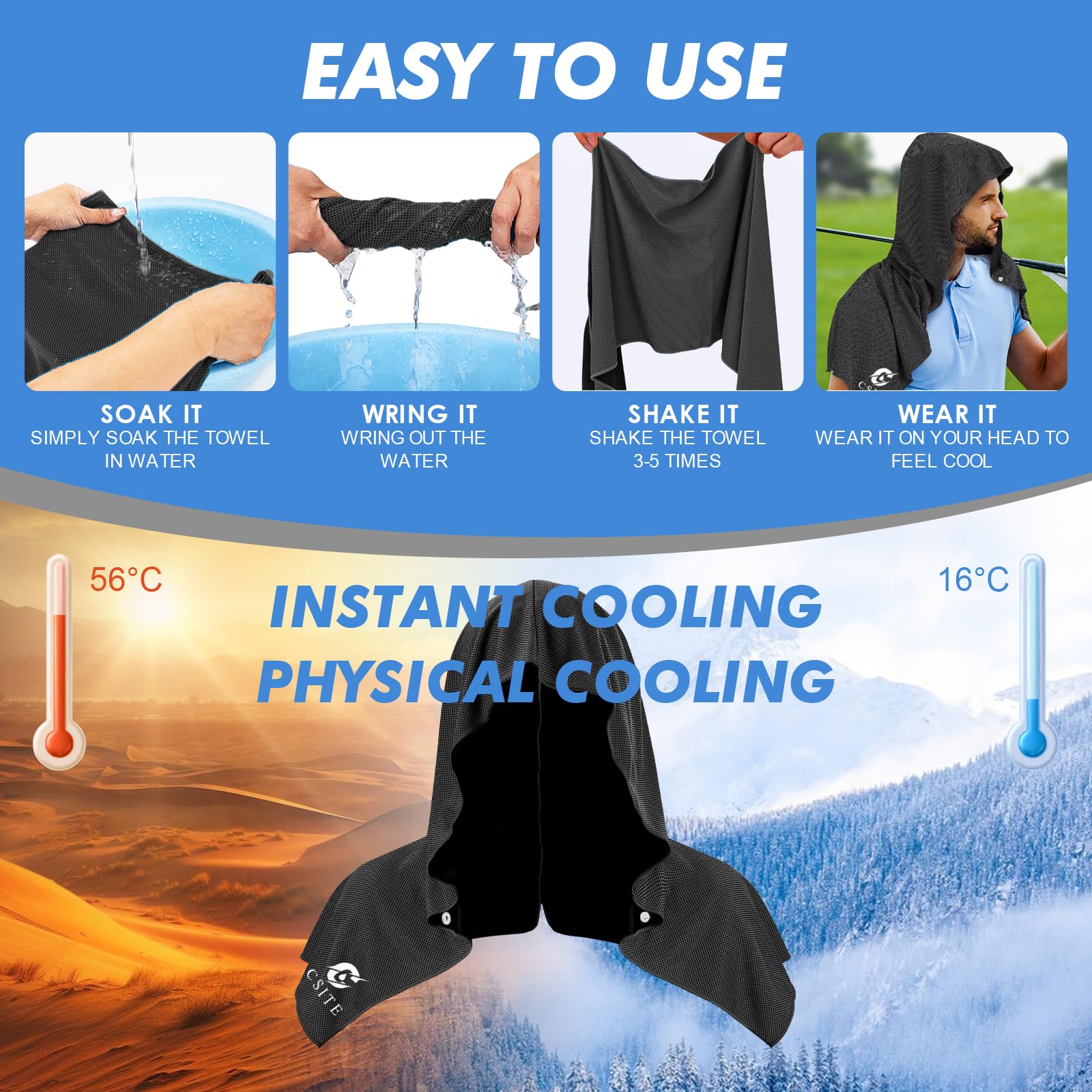 CSITE Cooling Hoodie Towels for Neck and Face, UPF 50 Sun Protection & Instant Cooling, Ice Towels for Hot Weather, Soft Breathable Towel for Sport, Work Out, Gym, Camping & More Activities（White）