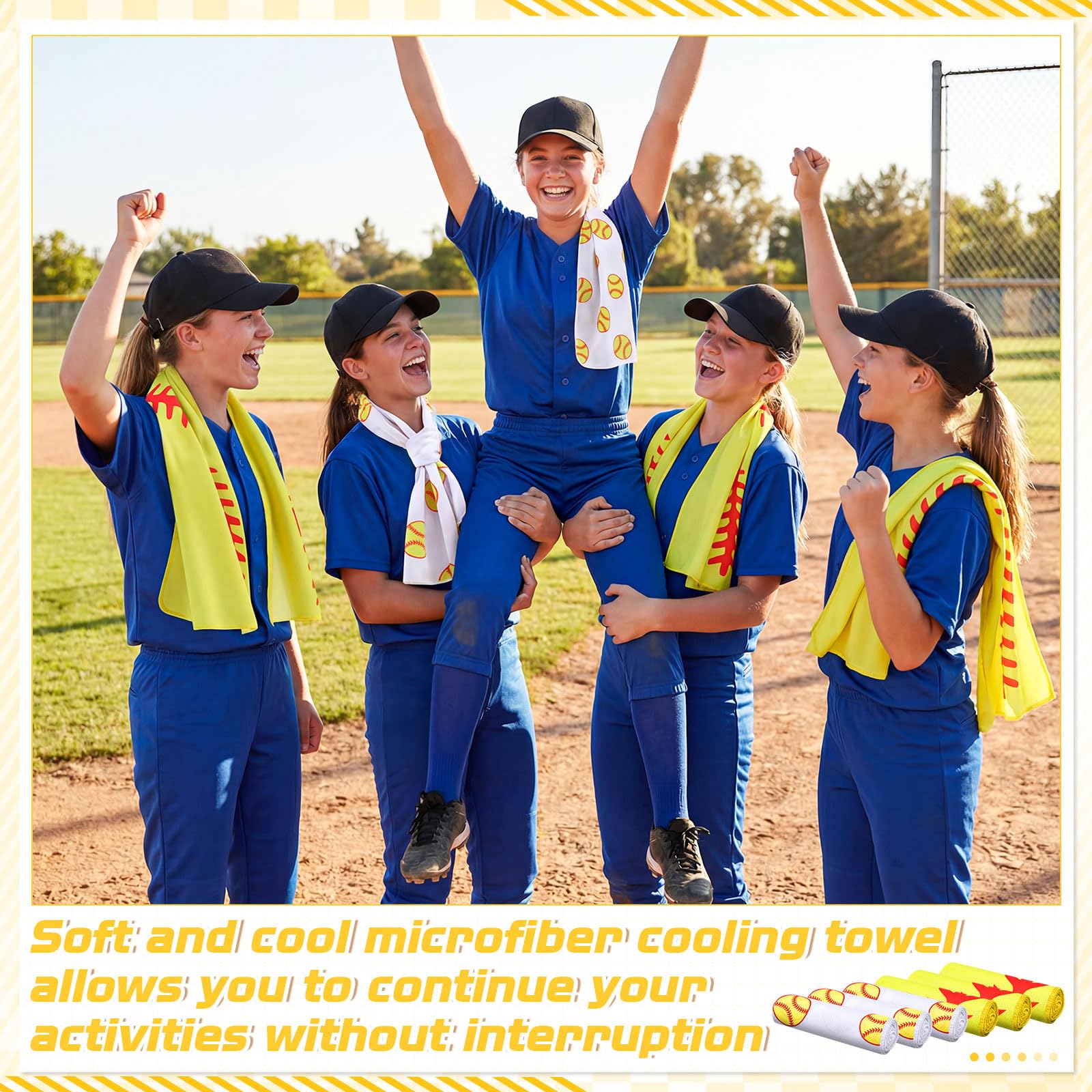 12 count Sports Cooling Towels Baseball Basketball Softball 40 x 12 Inch Breathable Soccer Football Volleyball Microfiber Ice Towel Fast Drying for Sport Party Favors Team Gift(Yellow,Softball)