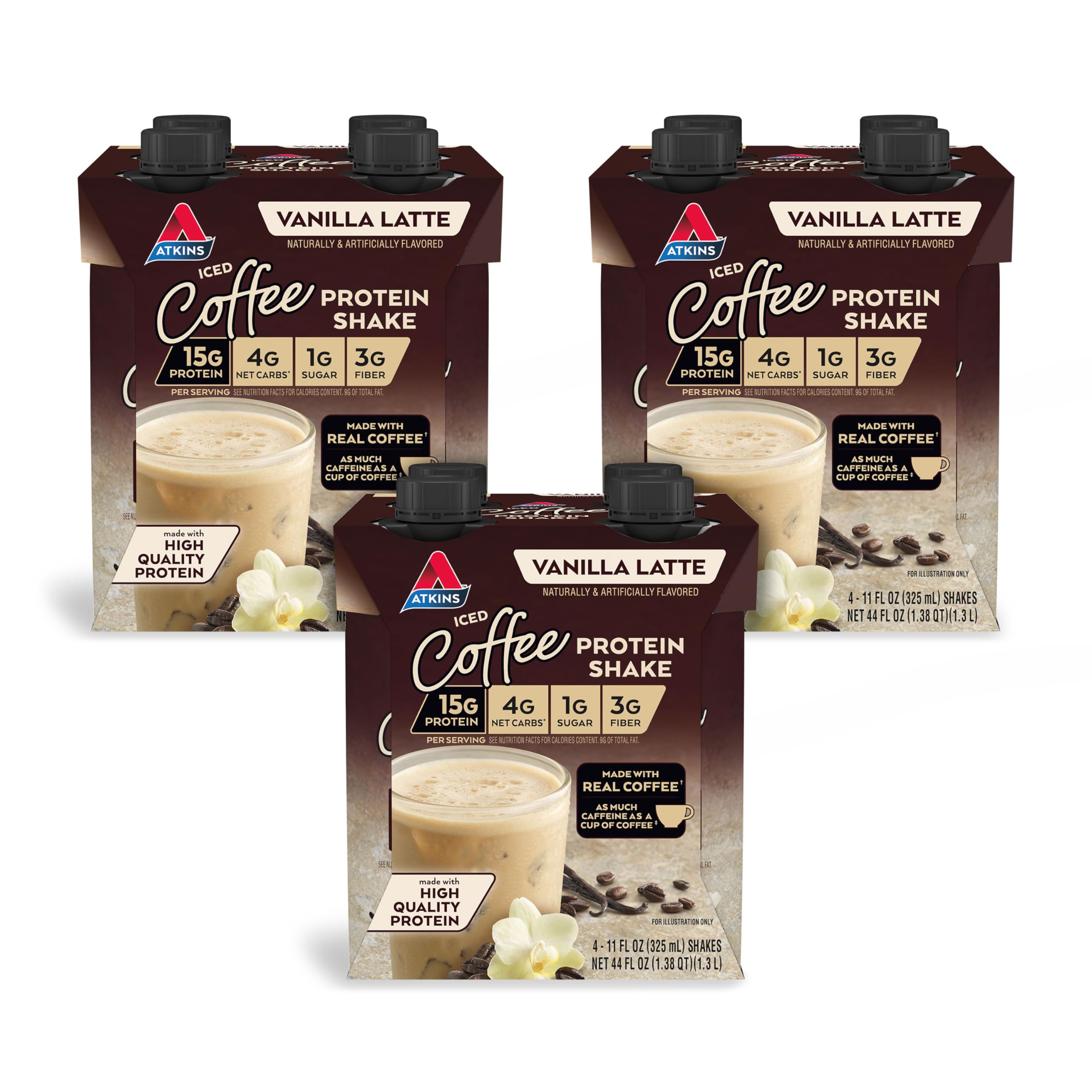 Atkins Coffee Lovers Protein Shake Variety Pack, Mocha Latte, Café Caramel and Café au Lait Flavored Protein Shakes, 15g Protein, 3g Fiber, GLP-1 Friendly, 12 Count