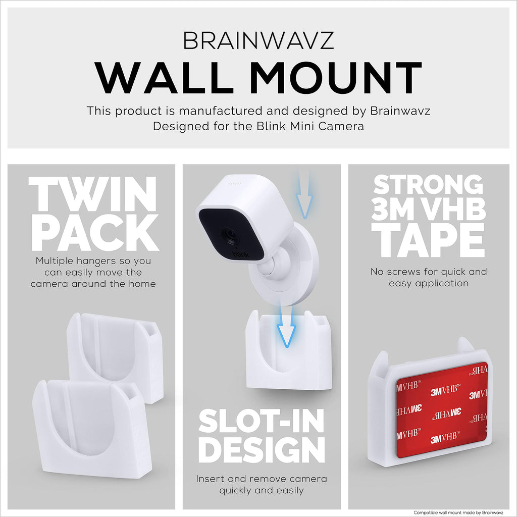 BRAINWAVZ Adhesive Wall Mount for Blink Mini Camera, 2 Pack, No Hassle Holder, Strong 3M VHB Tape, No Screws, No Mess Install, Bracket Stand (White)