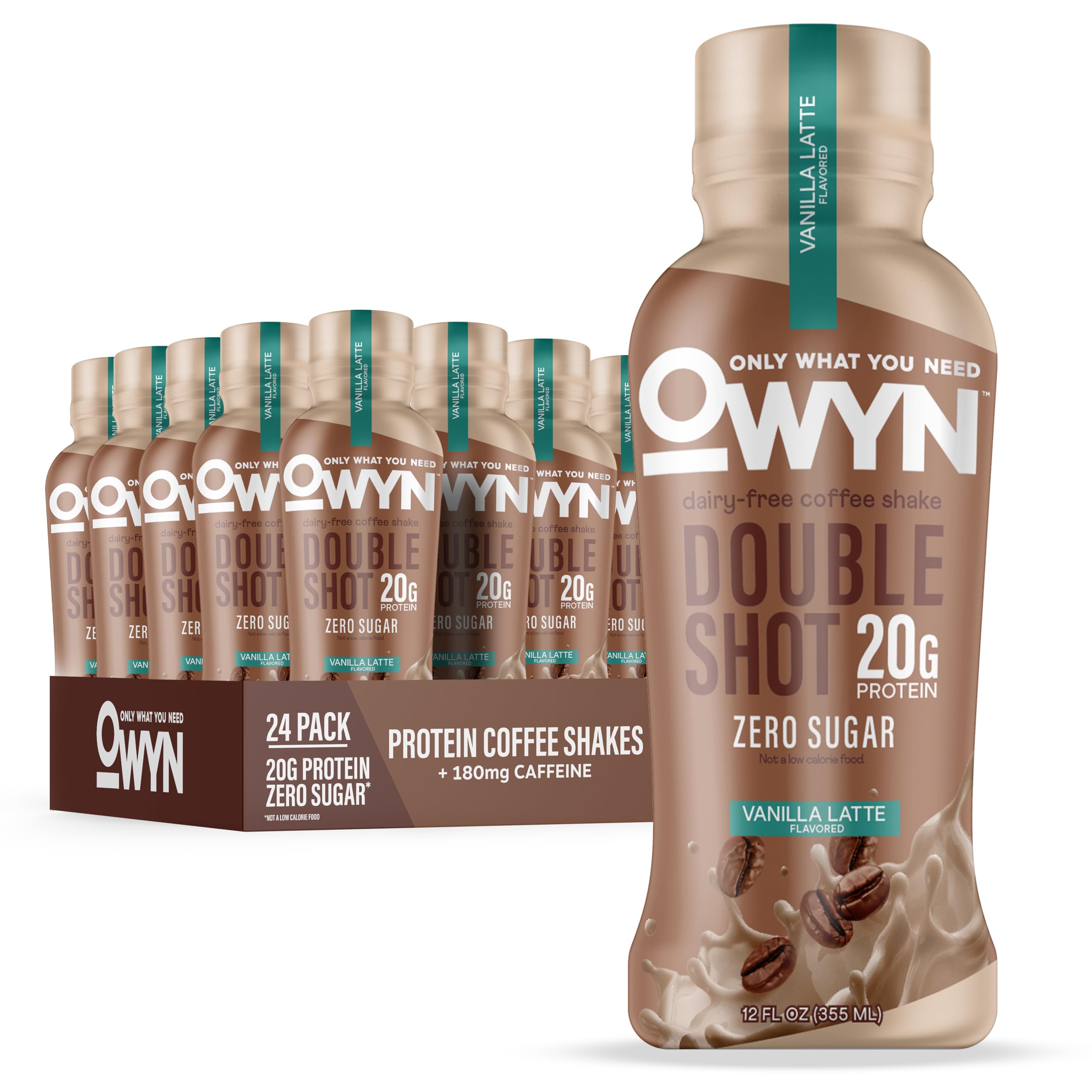OWYN Only What You Need Double Shot Caramel Macchiato Flavored Protein Shake, 20g Protein, 0g Sugar, 3g Fiber, 180mg Caffeine, Dairy Free, Plant Based Protein Drink, 12 Count