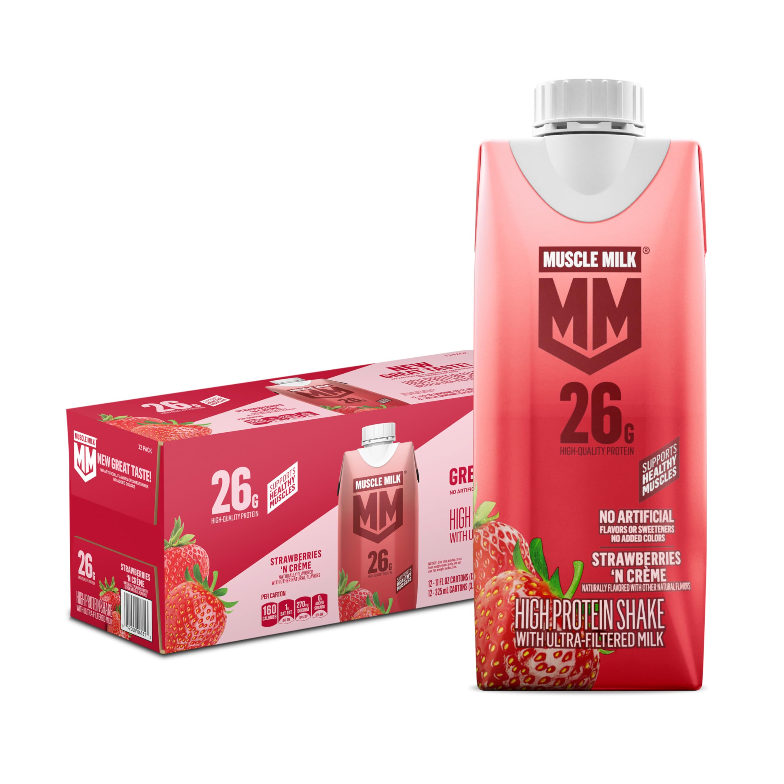 Muscle Milk High Protein Shake, Chocolate, 11 fl oz Cartons (12 Pack) Ultra Filtered Milk, 26g High Quality Protein Shake, 3g Sugar, 160 Calories, No Artificial Flavors, No Artificial Sweeteners, No Added Colors