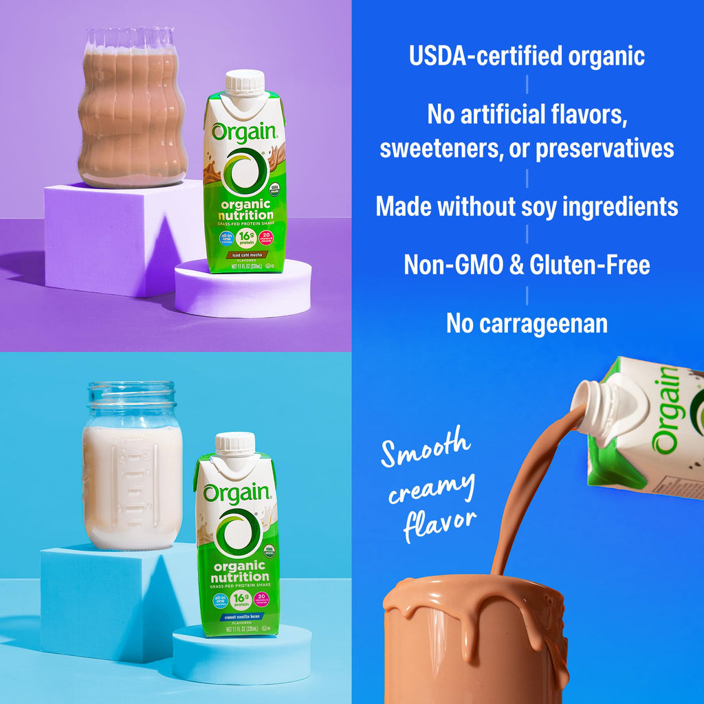 Orgain Organic Nutritional Protein Shake, 16g Grass Fed Whey Protein, Meal Replacement, 20 Vitamins & Minerals, Fruits & Vegetables Variety Pack, Chocolate, Vanilla, Mocha, 11 Fl Oz (12 Pack)