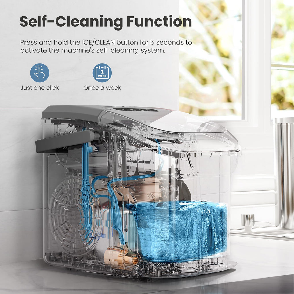 Countertop Portable Ice Maker Machine with Handle, 8 Bullet-Shaped Ice Cubes Ready in 6 Mins, 26Lbs/24H, Self-Cleaning Function with Ice Scoop and Basket for Home/Kitchen/Party (Black)