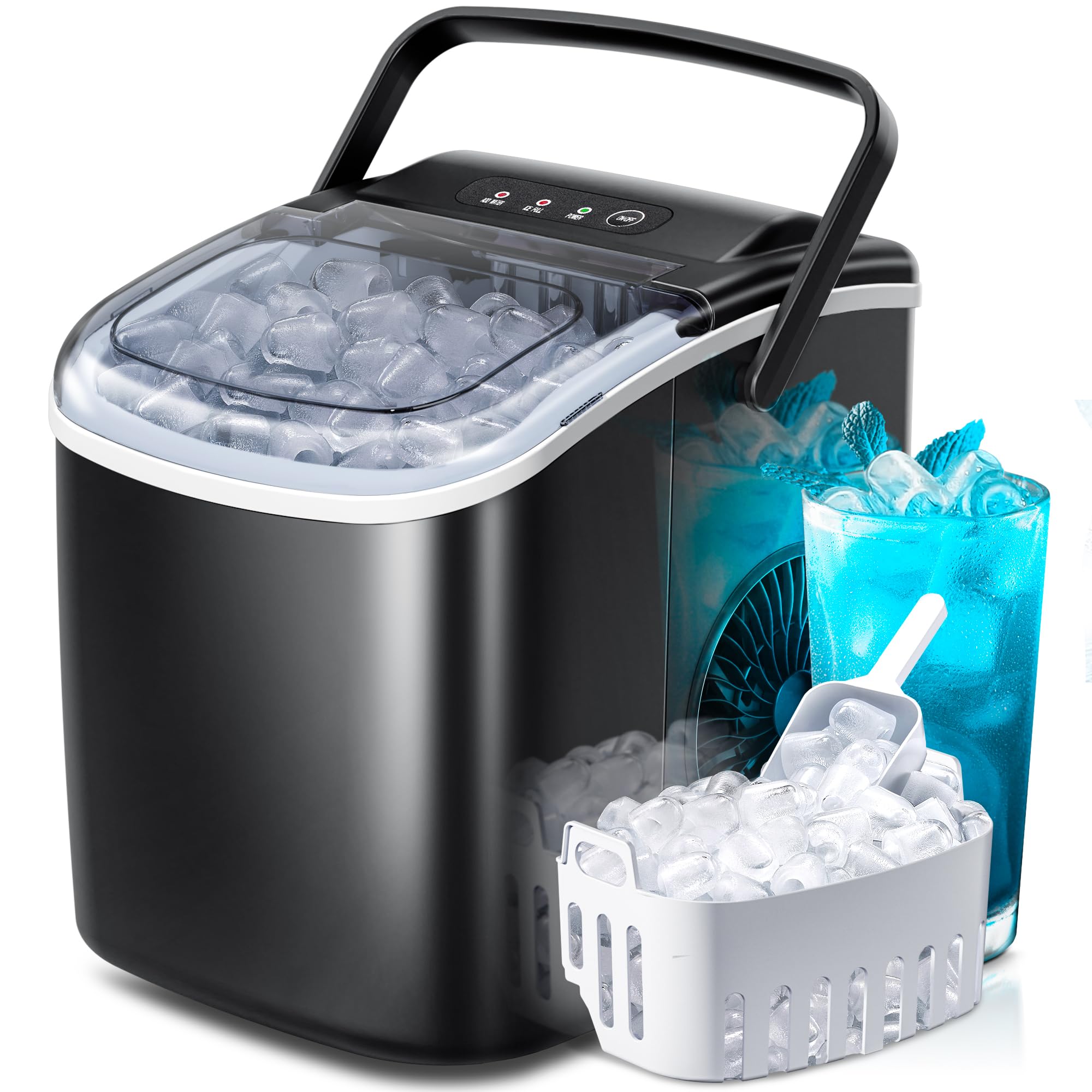 Countertop Portable Ice Maker Machine with Handle, 8 Bullet-Shaped Ice Cubes Ready in 6 Mins, 26Lbs/24H, Self-Cleaning Function with Ice Scoop and Basket for Home/Kitchen/Party (Black)