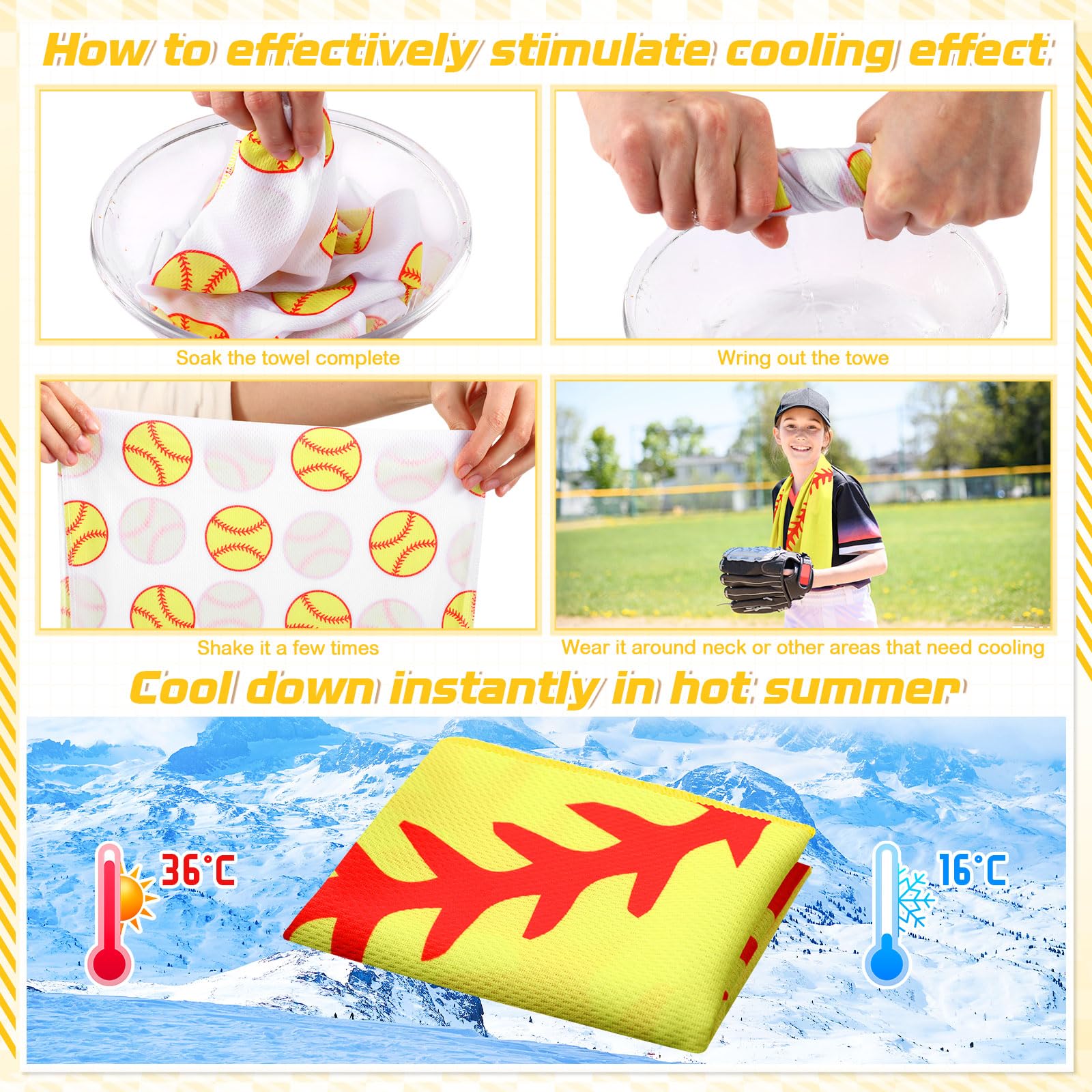 12 count Sports Cooling Towels Baseball Basketball Softball 40 x 12 Inch Breathable Soccer Football Volleyball Microfiber Ice Towel Fast Drying for Sport Party Favors Team Gift(Yellow,Softball)