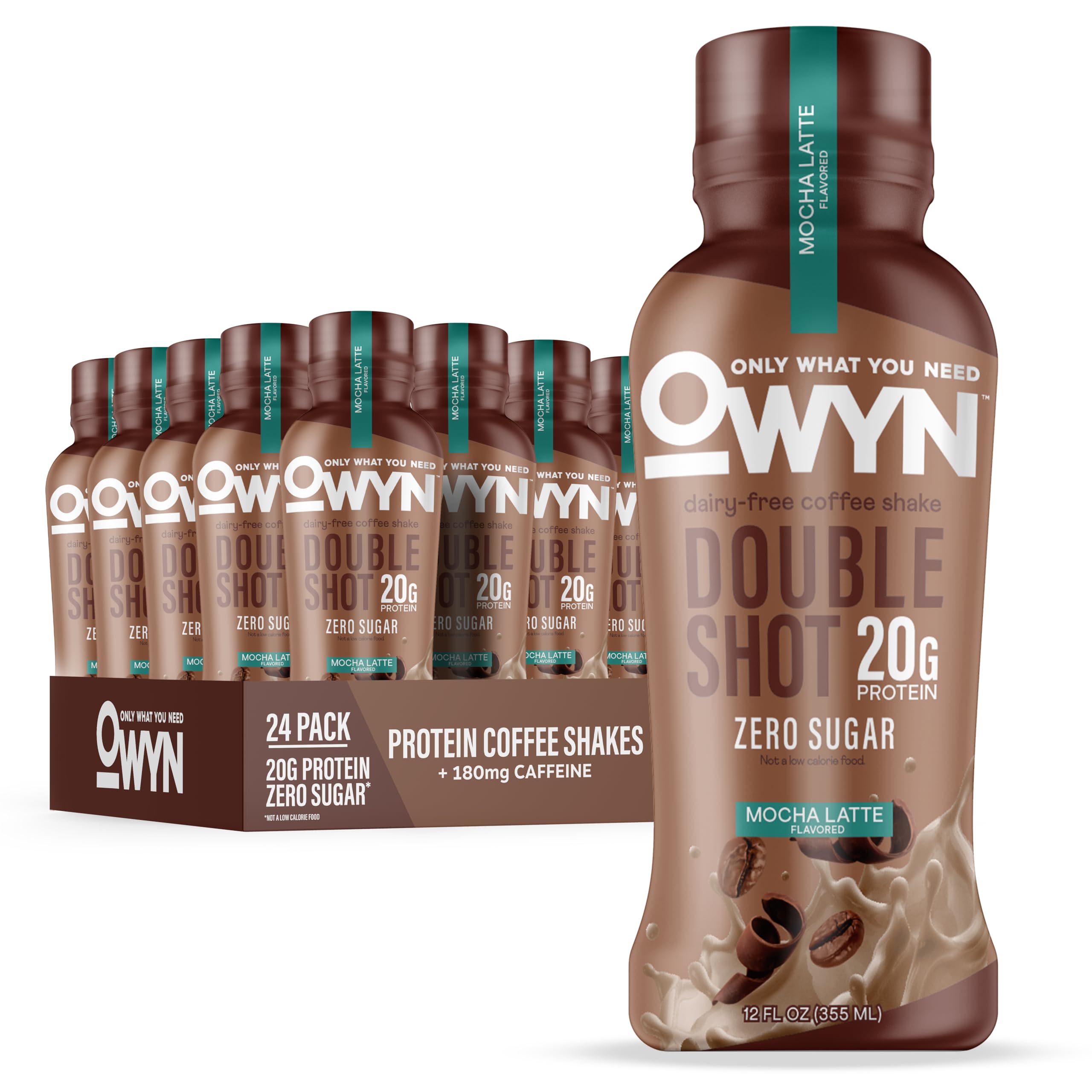 OWYN Only What You Need Double Shot Caramel Macchiato Flavored Protein Shake, 20g Protein, 0g Sugar, 3g Fiber, 180mg Caffeine, Dairy Free, Plant Based Protein Drink, 12 Count