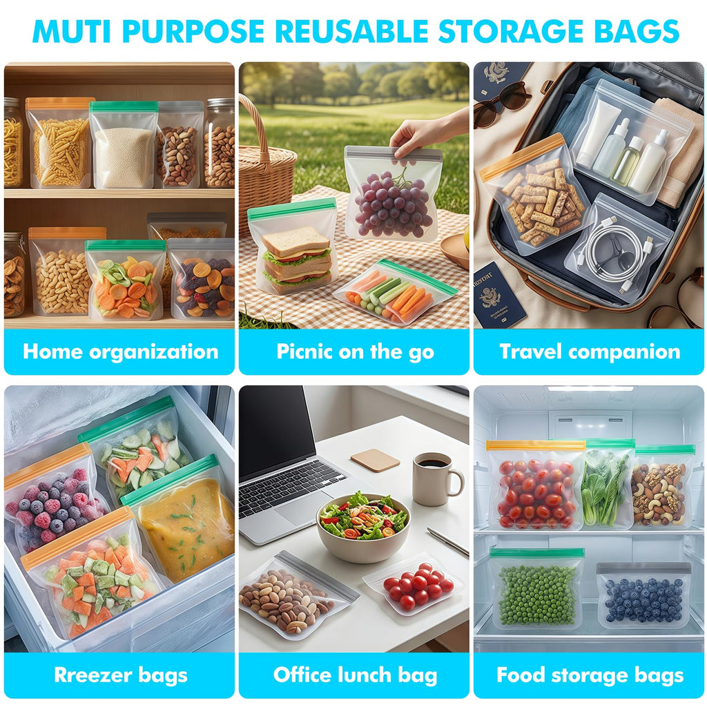 10 Pack Reusable Freezer Bags, Leakproof Reusable Silicone Food Storage Bags BPA Free Contaizers, Snack Sandwich Gallon Bags for Meal Prep, Marinate Meat, Salad Fruit, Veggies, Lunch, Travel, Kitchen