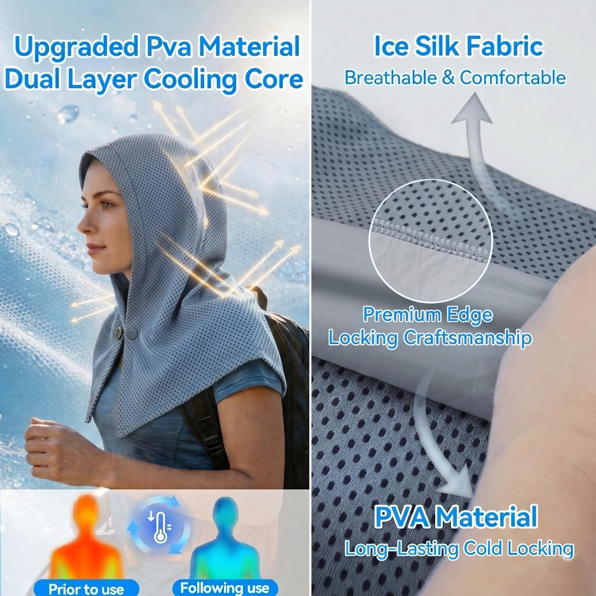 Upgraded PVA Cooling Hoodie Towels -UPF 50+ Sun Proteciton Instant Cooling Towel for Neck & Face,Sweat-Absorbent Ice Towel for Hot Weather, Sports, Camping, Cycling & Outdoor Activities (Blue)