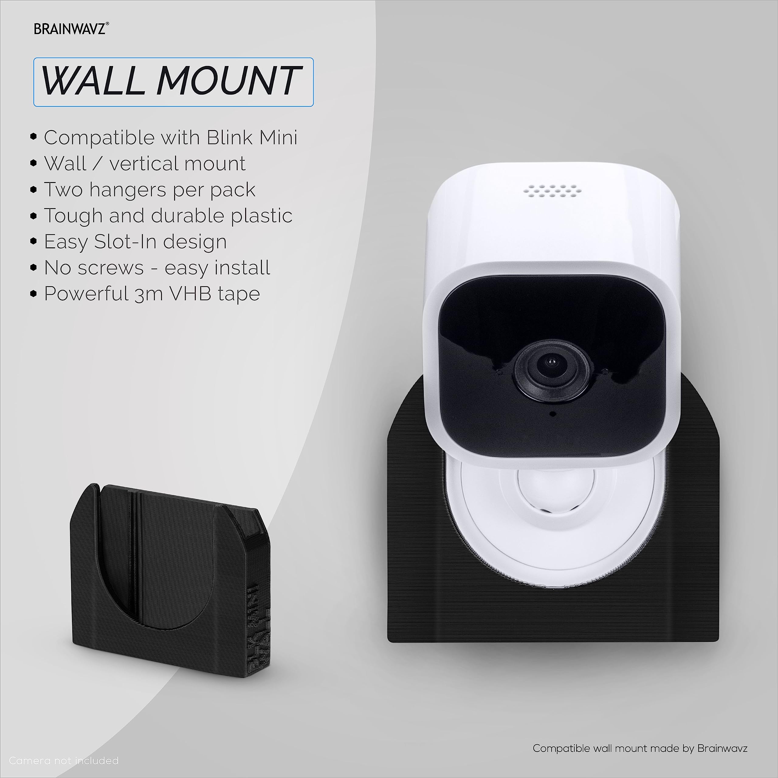 BRAINWAVZ Adhesive Wall Mount for Blink Mini Camera, 2 Pack, No Hassle Holder, Strong 3M VHB Tape, No Screws, No Mess Install, Bracket Stand (White)