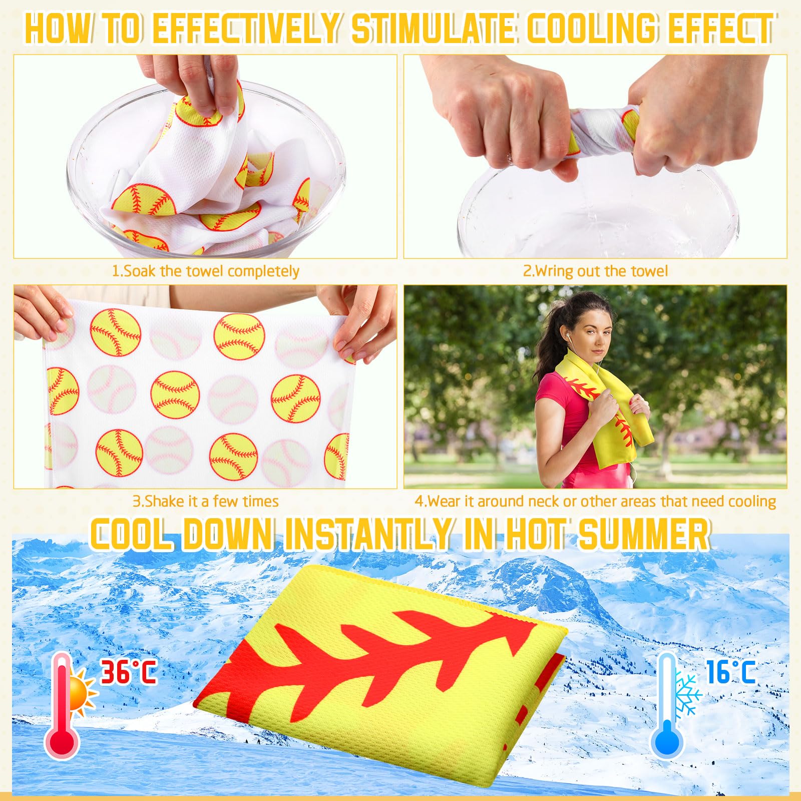 12 count Sports Cooling Towels Baseball Basketball Softball 40 x 12 Inch Breathable Soccer Football Volleyball Microfiber Ice Towel Fast Drying for Sport Party Favors Team Gift(Yellow,Softball)