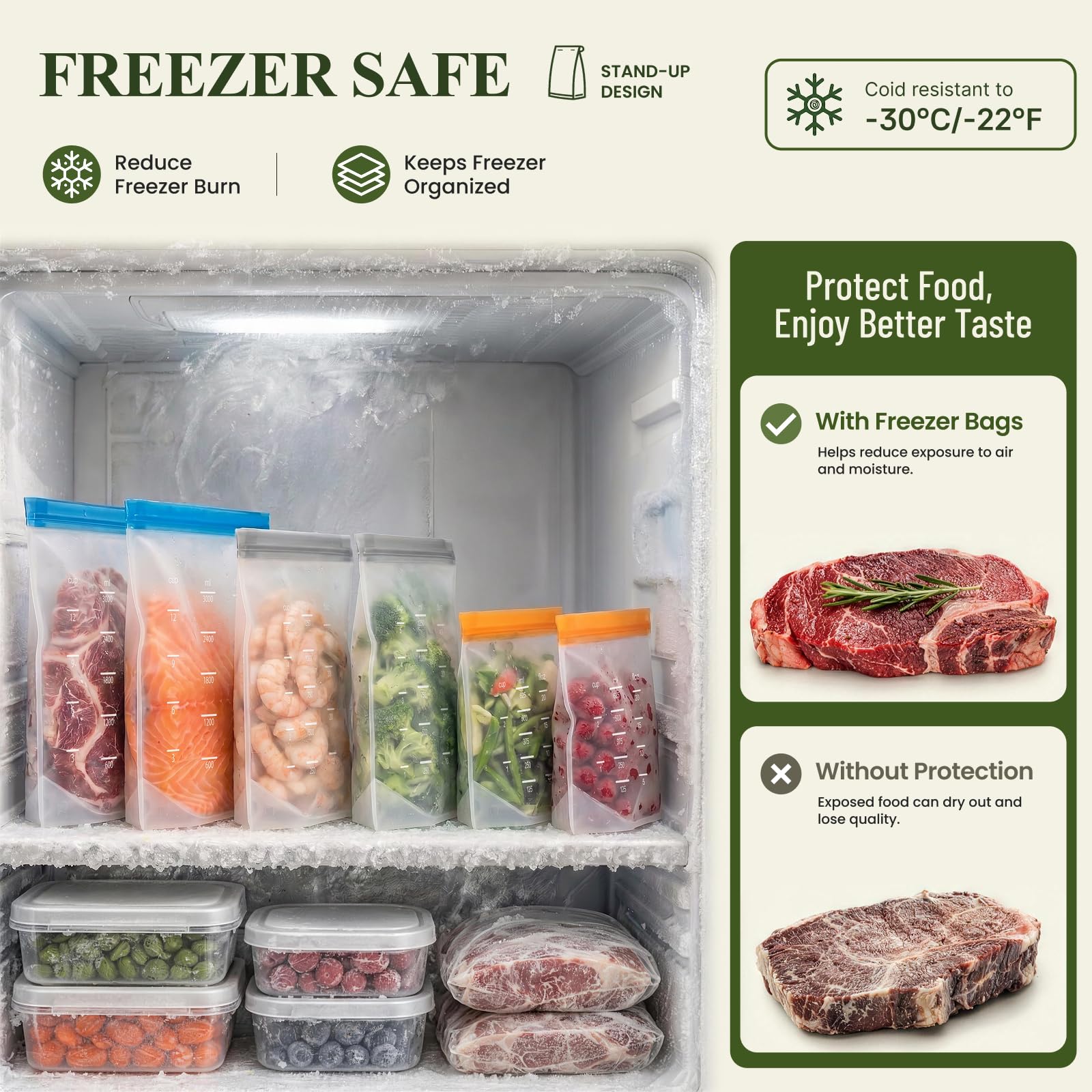 IDEATECH Reusable Bags Dishwasher Safe, BPA Free Reusable Gallon Freezer Bags, Stand Up Leakproof Food Storage Bags for Marinate Meats, Salad Fruit, Home Organization 6 Large+ 6 Sandwich+ 8 Snack Bags